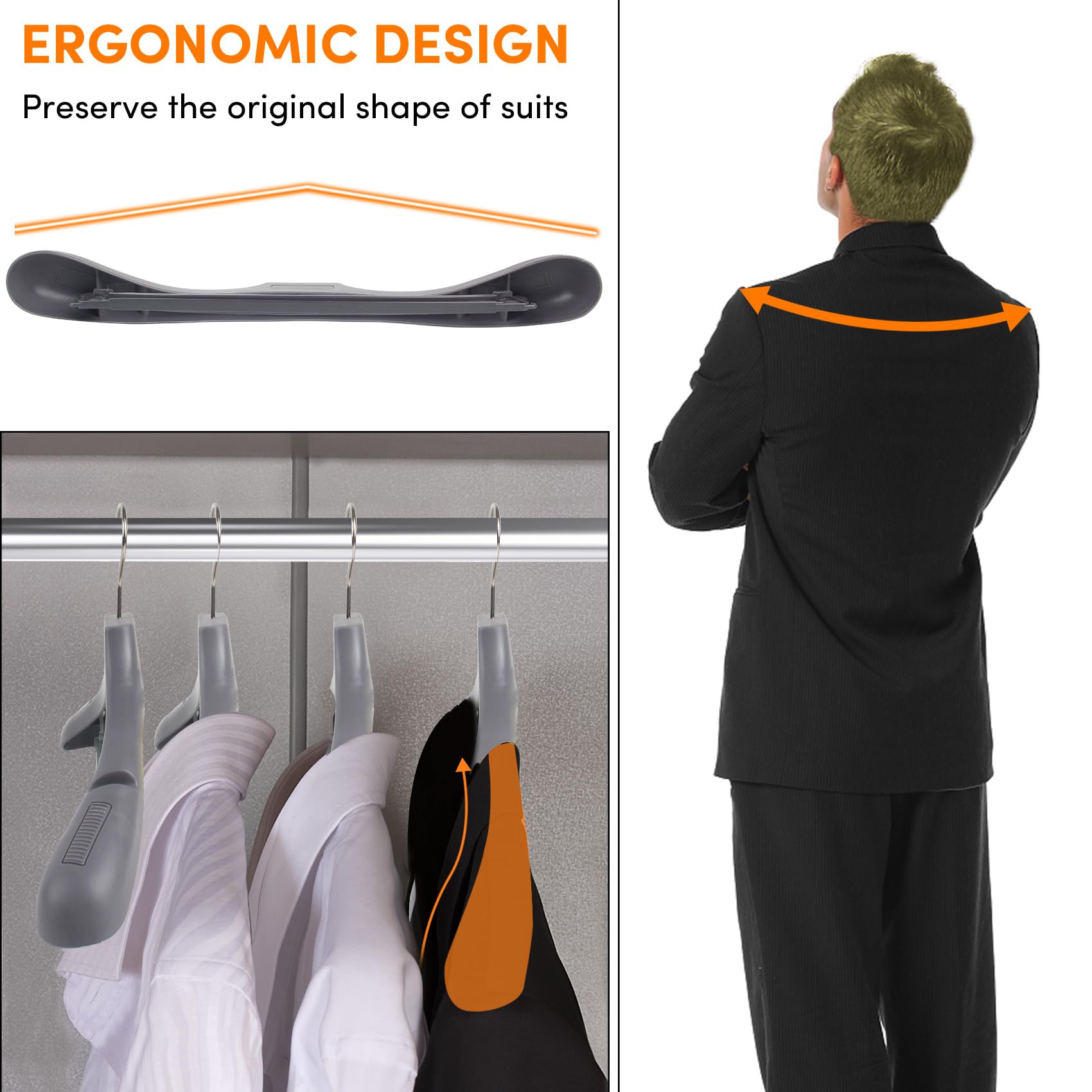 Dedu Suit Hangers For Men 40 Pack, Extra Wide Hangers Non Slip Width 17.7'', Grey Coat Hangers Thick Plastic With Pants Bar 360