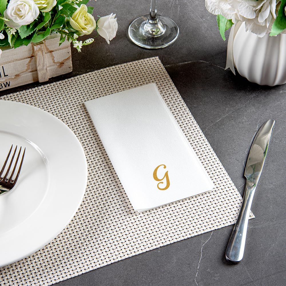 Luxenap 15.8 X 7.9 Inch Linen-Feel Guest Towels, 50 Lettered Hand Towels - Gold Letter 'G', Cursive Font, White Paper Dinner Nap