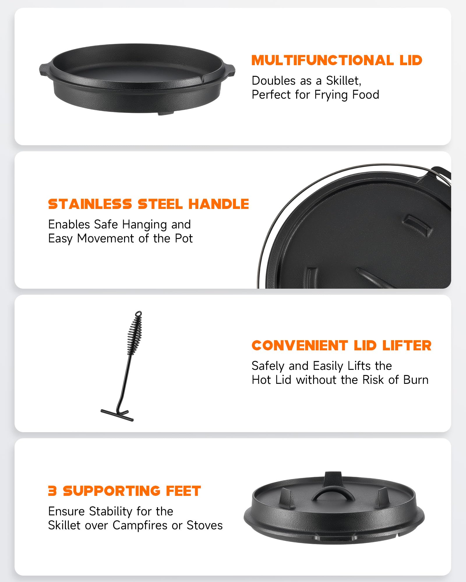 Dartmoor 9 Quart Pre-Seasoned Cast Iron Dutch Oven With Lid And Lid Lifter Tool Outdoor Deep Camp Pot For Camping Fireplace Cook