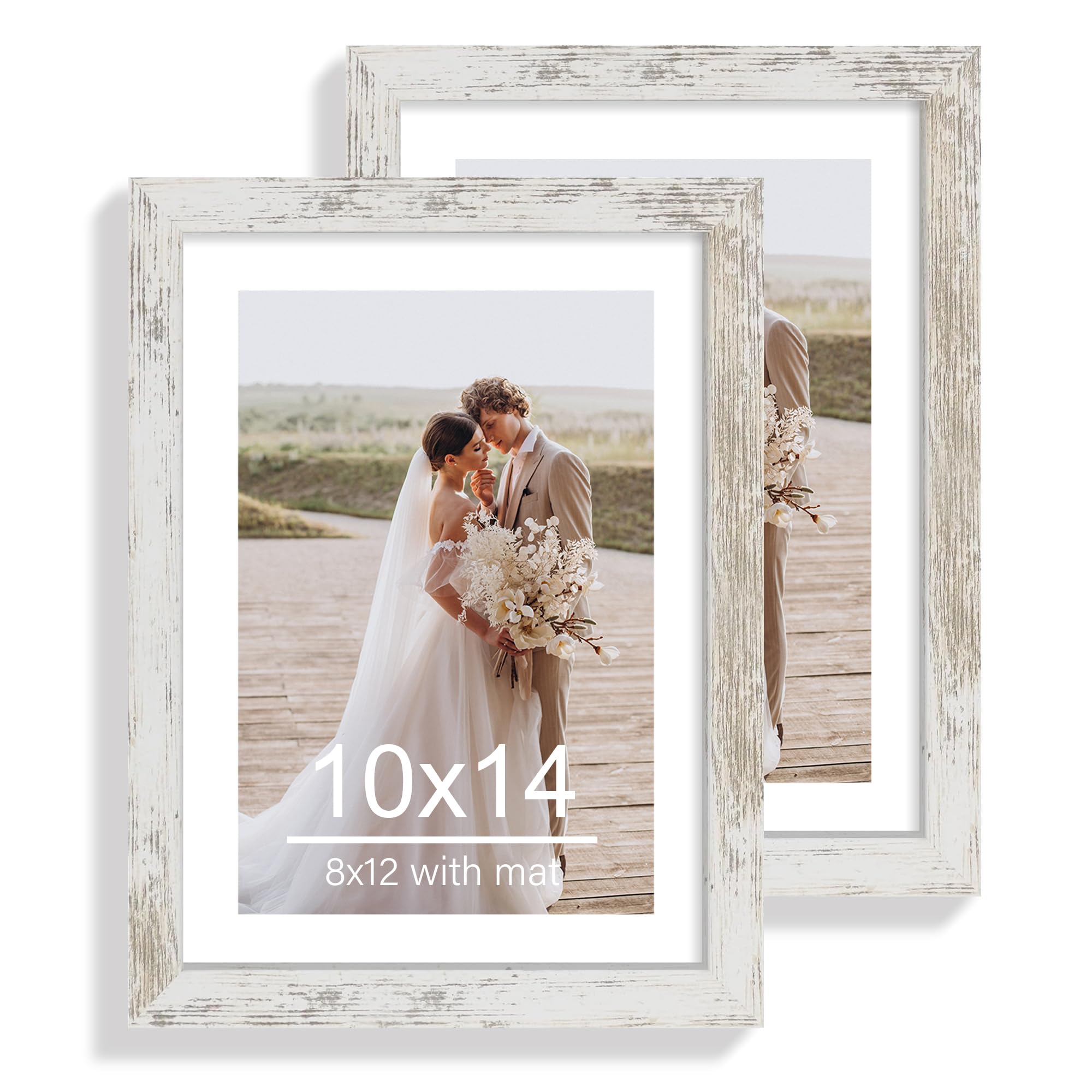 Hongkee 10x14 Picture Frame Set of 2, Made of Glass and Distressed White Wooden Frame, Display 8x12 Pictures with Mat or 10 x 14