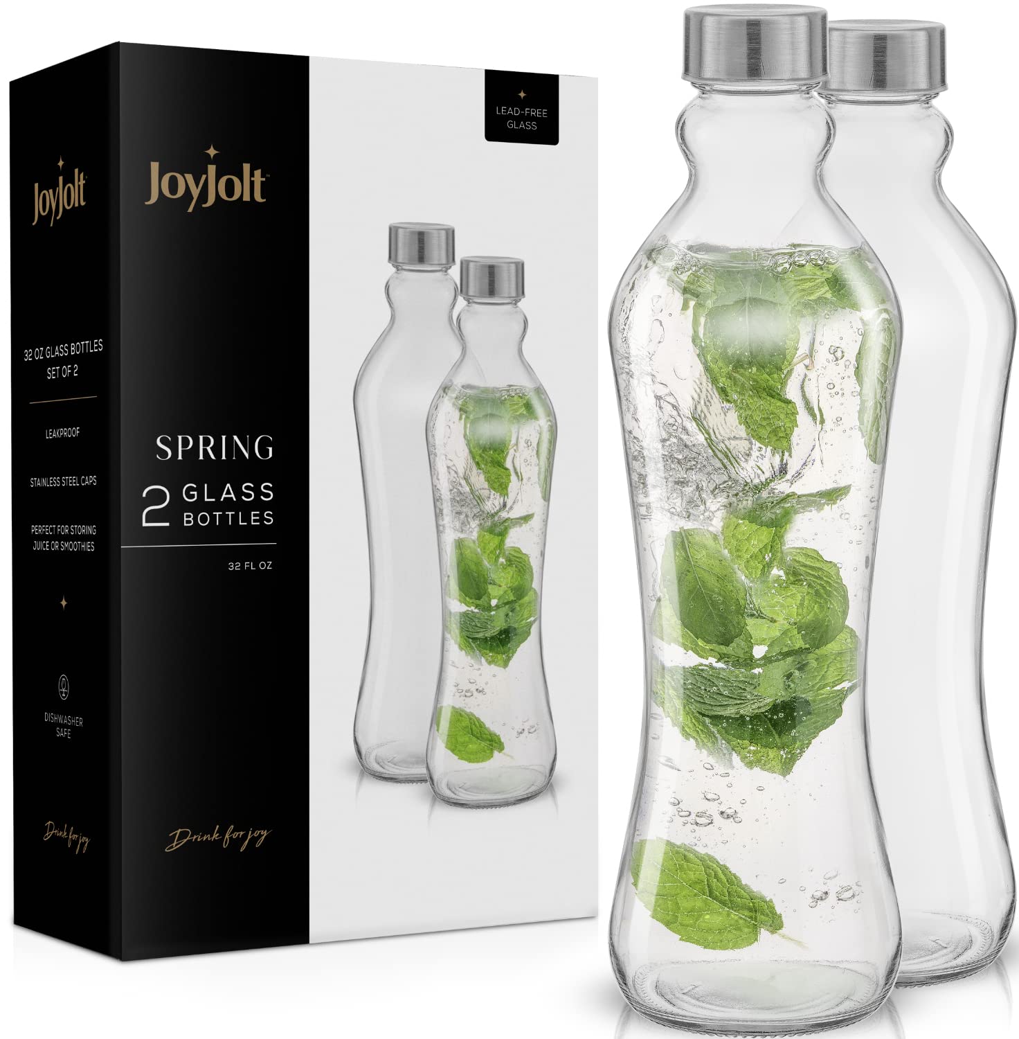 JoyJolt Glass Water Bottles - 2pc Set, 32 oz/1 Liter, Clear Glass with Stainless Steel Lids, Leakproof, Ideal for Juicing or Ice