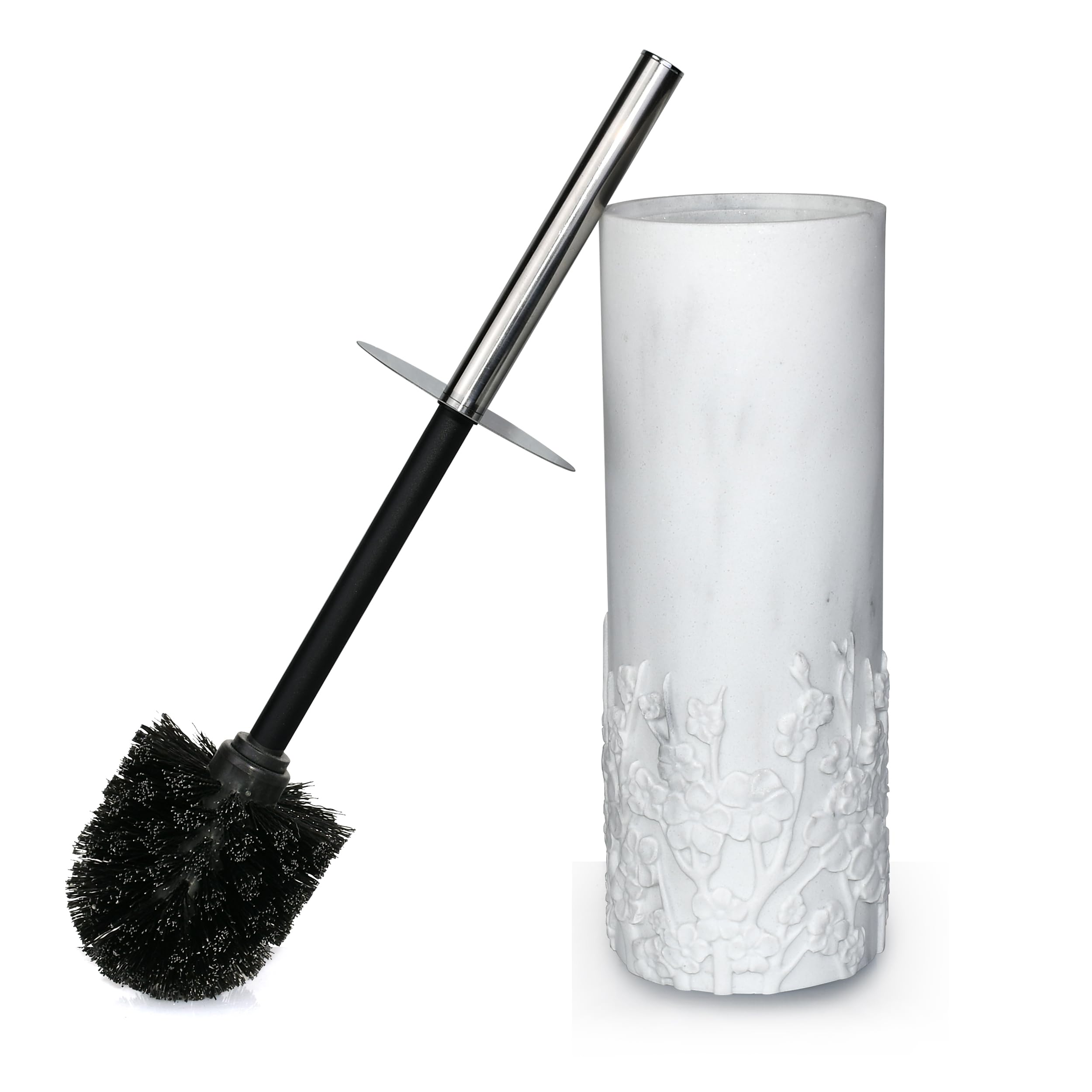 Indecor Home Marble Cherry Blossom Design Resin Toilet Brush and Holder Set for Bathroom, Stylish Design with Durable Bristles a