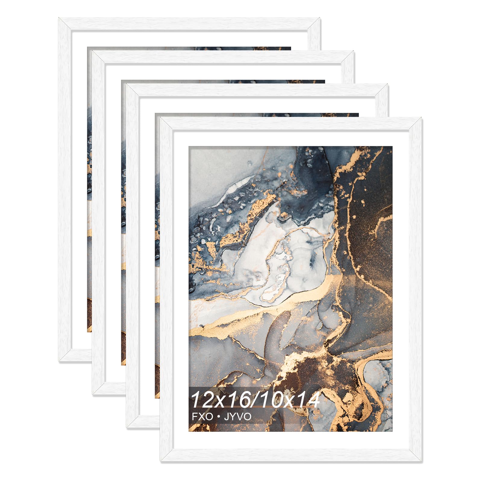 Fxojyvo Engineered Wood White 12 x 16 Frame Set of 4, Display Picture 10x14 with Mat or 12x16 Without Mat, Picture Frame with Wo