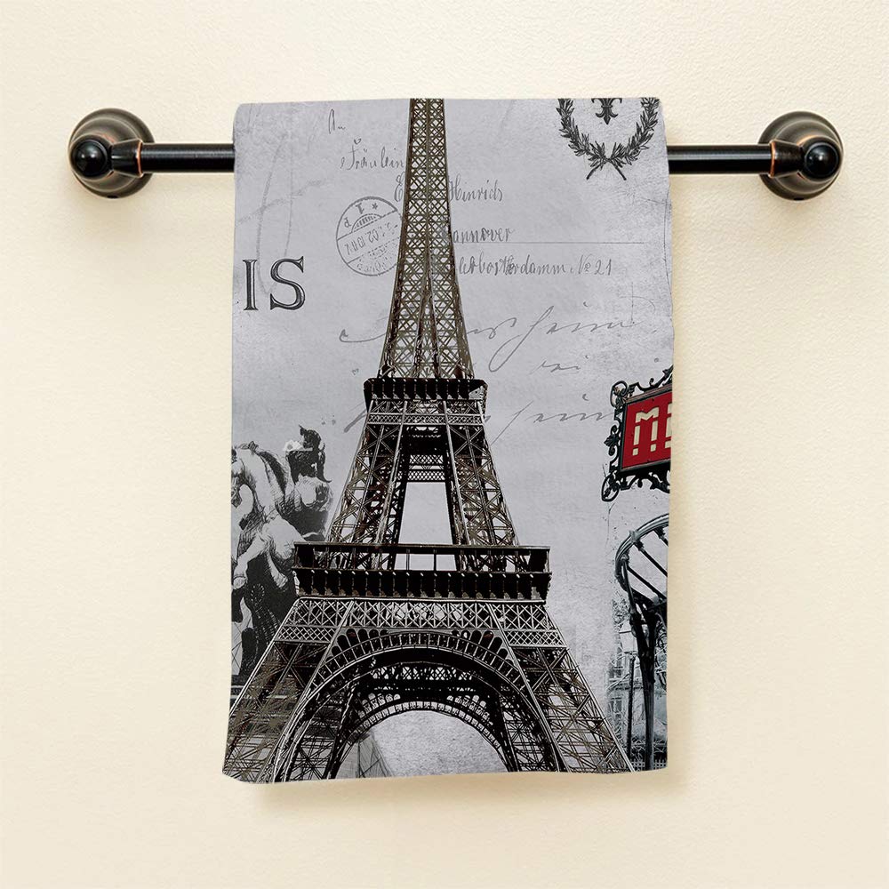 Hgod Designs Paris Hand Towels,France Eiffel Tower French Post Metro City Marks Horse Flower Wreath Stamp 100% Cotton Soft Bath