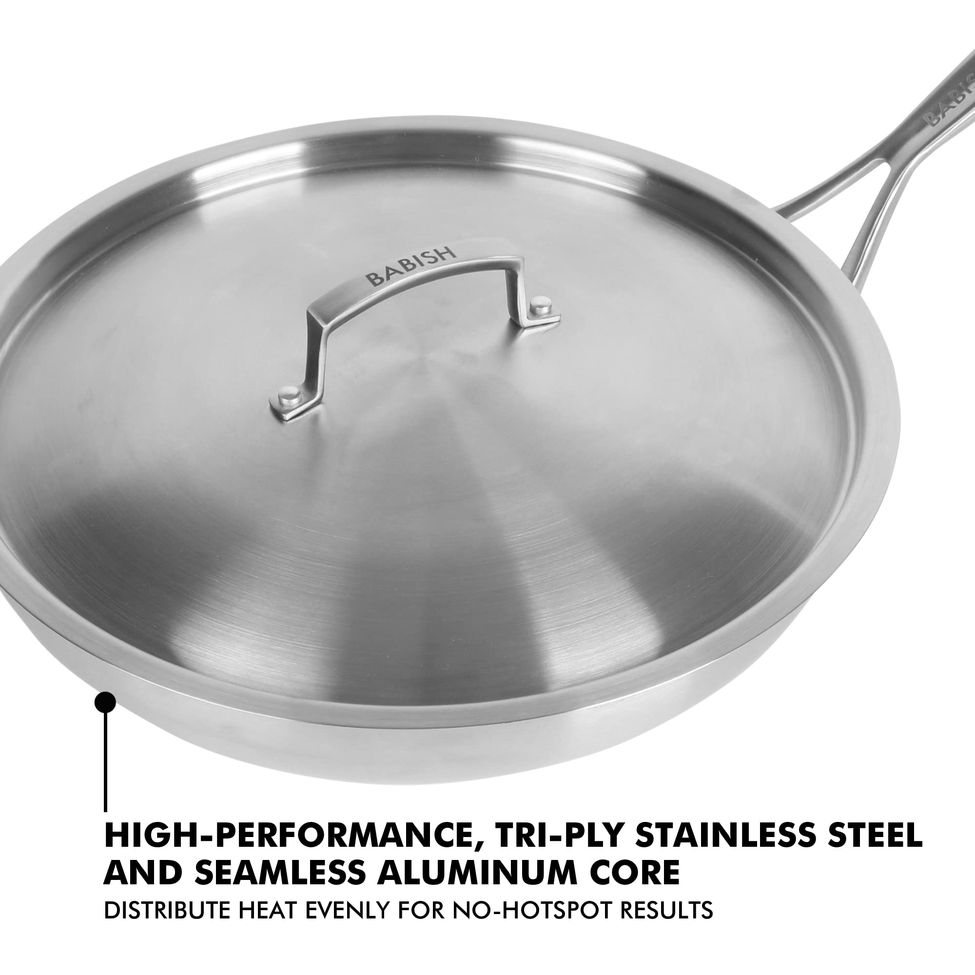 Babish 12 Inch Stainless Steel Triply Professional Grade Fry Pan W/Stainless Lid