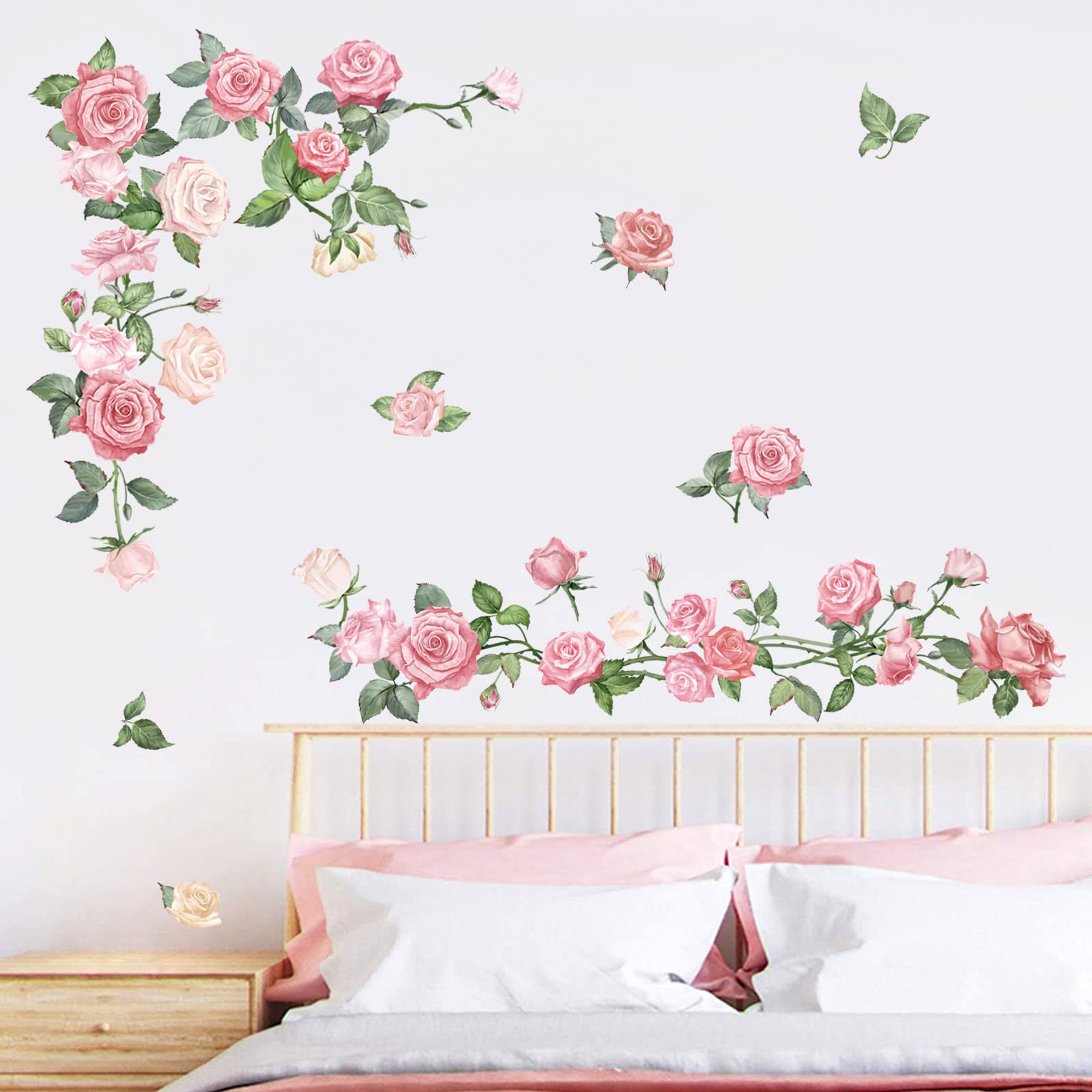 decalmile Pink Rose Flower Wall Decals Floral Vine Wall Stickers Living Room Bedroom Nursery Wall Decor Gifts for Her Mom