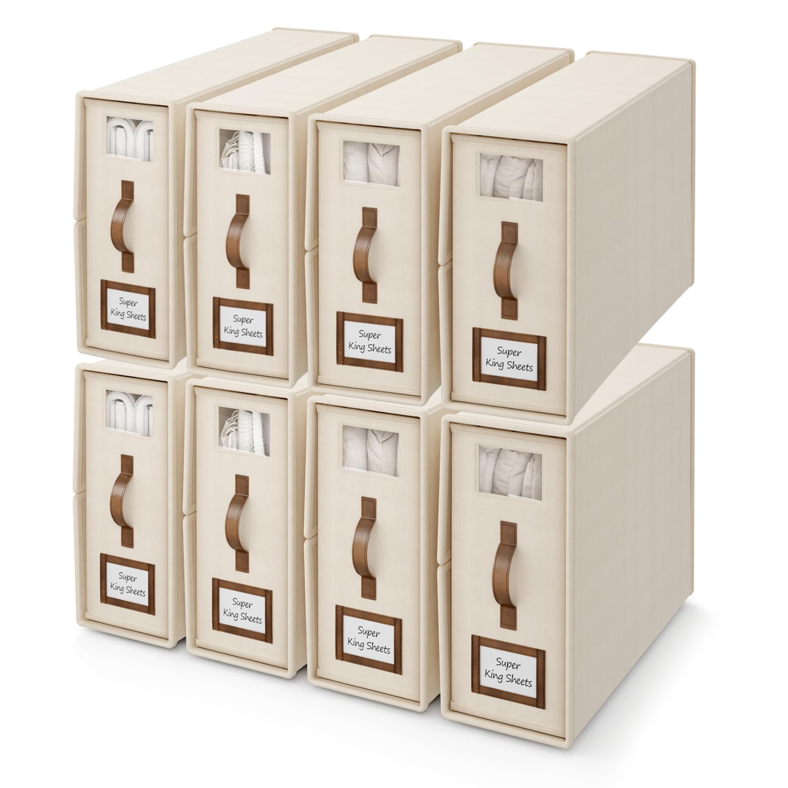 BigPonPon 8 Pack Foldable Bed Sheets Set Organizers and Storage(Cal King Size),Linen Fabric Closet Organizers with Window,Foldin