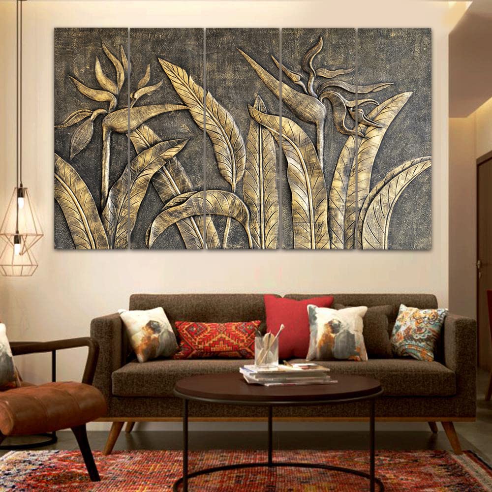 Maxstone Goldan Leaves Leaf Natural Wall Painting Living Room,Bedroom,Office,Home Dcor 5 Panal Wall Painting Big Size Wall Hangi