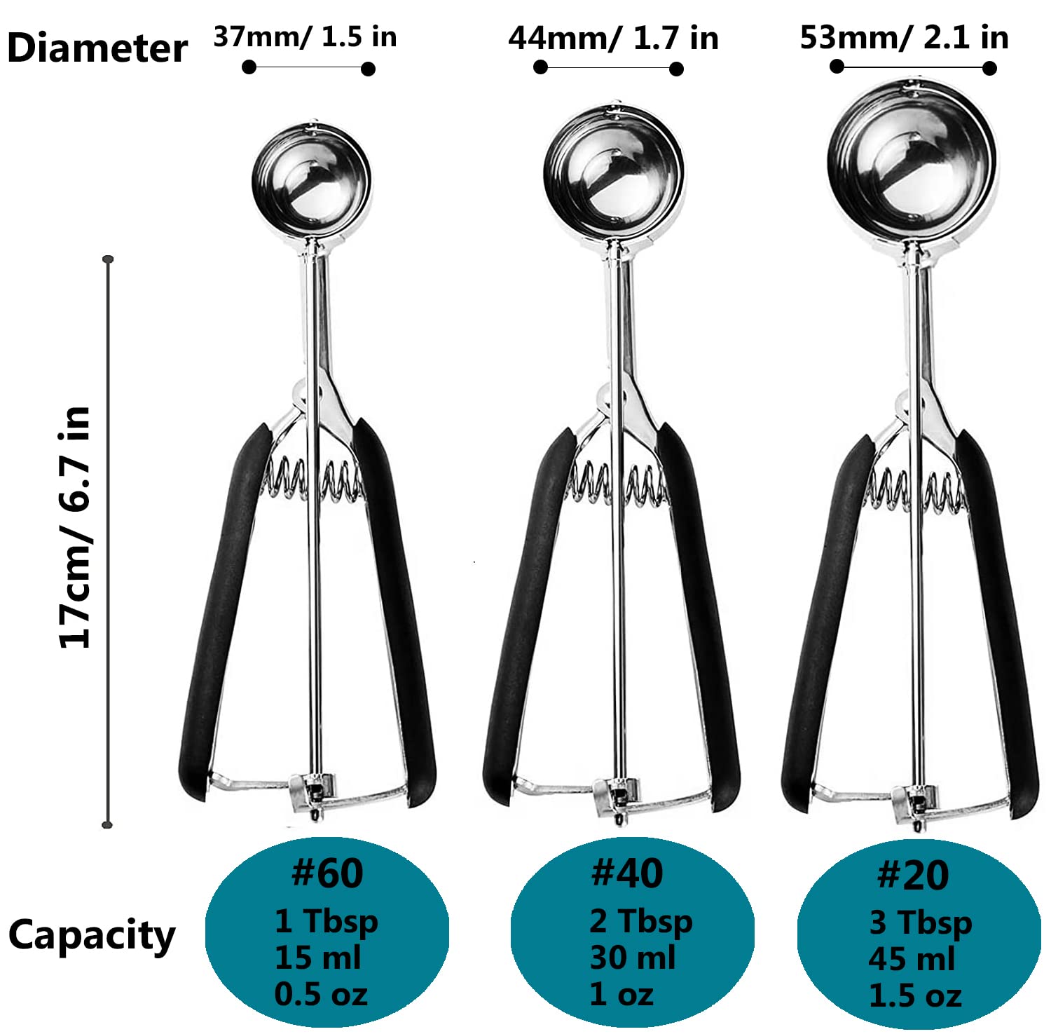JUNADAEL J Cookie Scoop Set - 3 Stainless Steel Scoops (1, 2, 3 Tbsp) with Black Handle for Cookies, Cupcakes, Muffins, Ice Cream