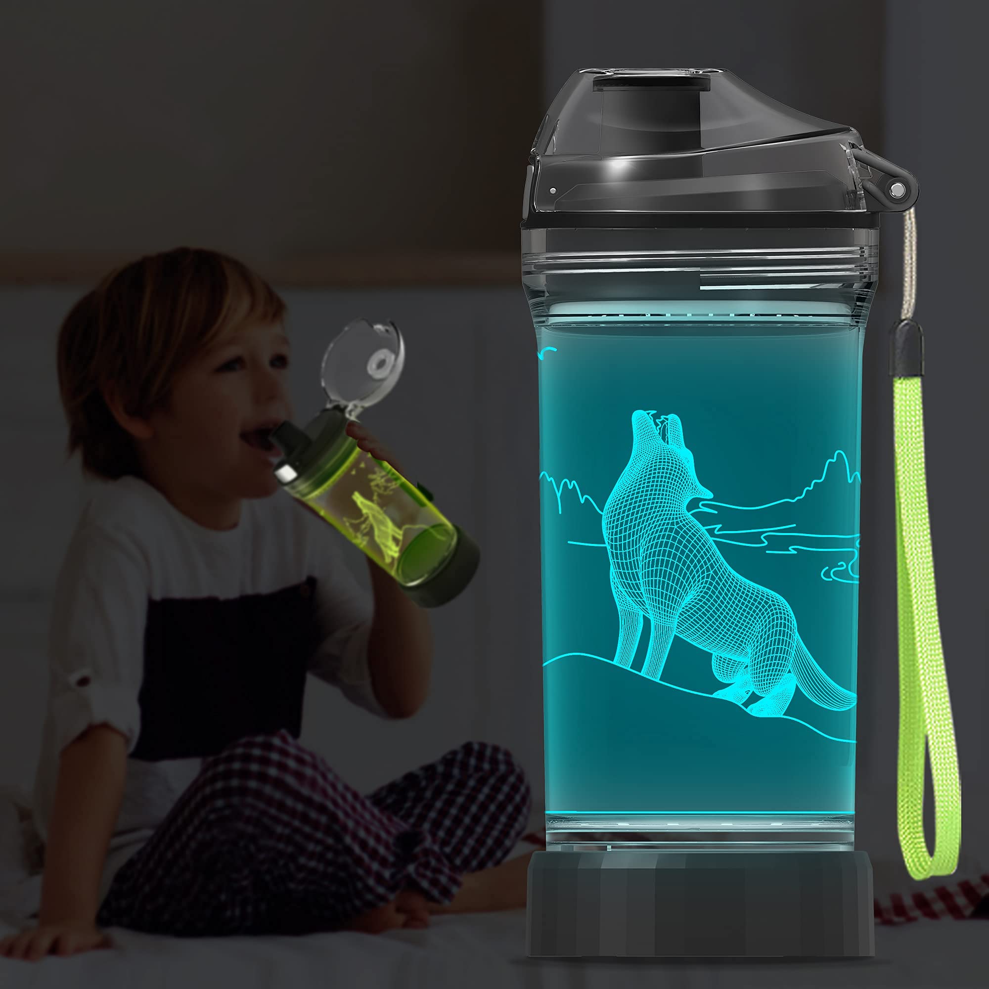 Yuandian Wolf Gifts, Light Up Boy Water Bottle With 3D Animal Wolf Design- 14 Oz Tritan Bpa Free Eco-Friendly - Cool Drinking Cu