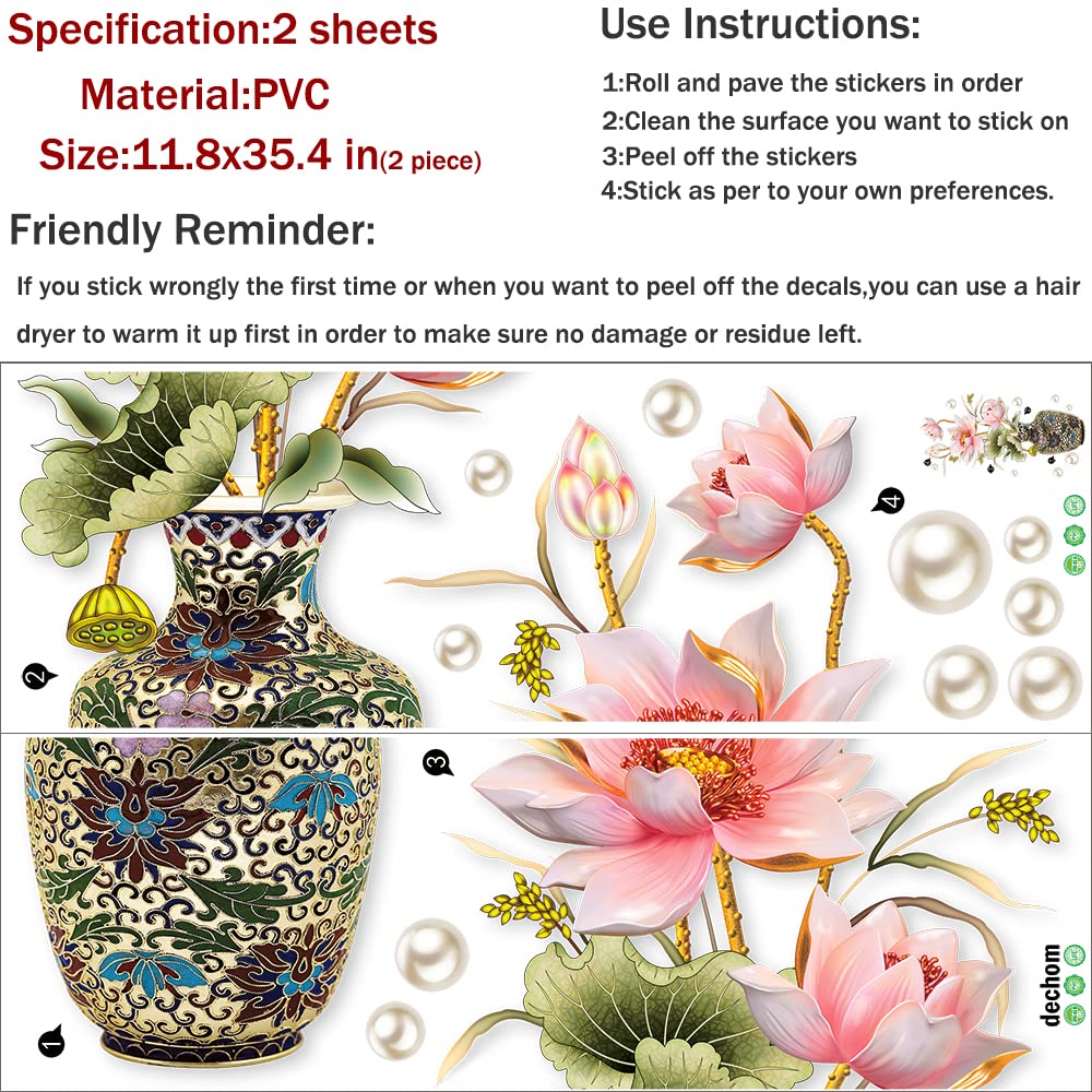 Dechom Chinese Style Lotus Flower Classical Vase Wall Sticker Pearl Living Room Art Wall Decals Home Entrance Backdrop Decoratio