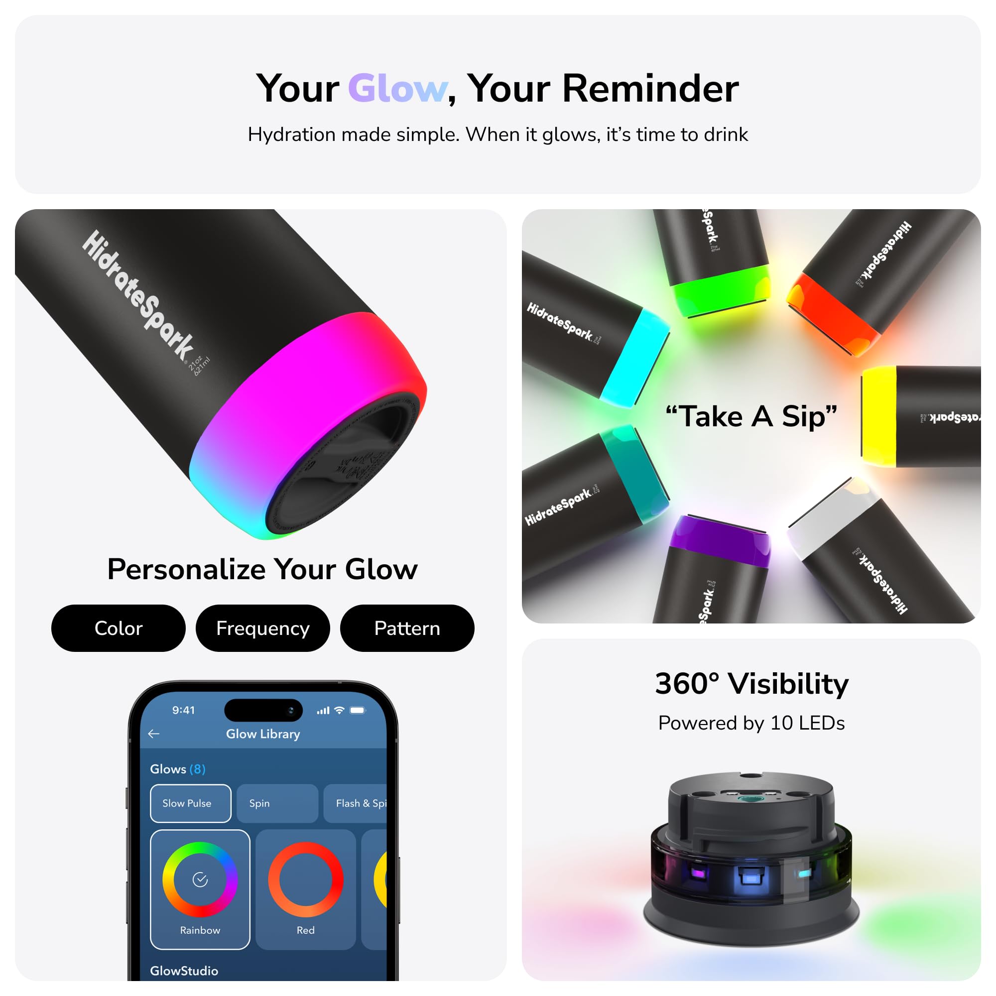 Hidrate Spark Pro Smart Water Bottle - Tracks Water Intake With Bluetooth, Led Glow Reminder When You Need To Drink - Chug Lid,