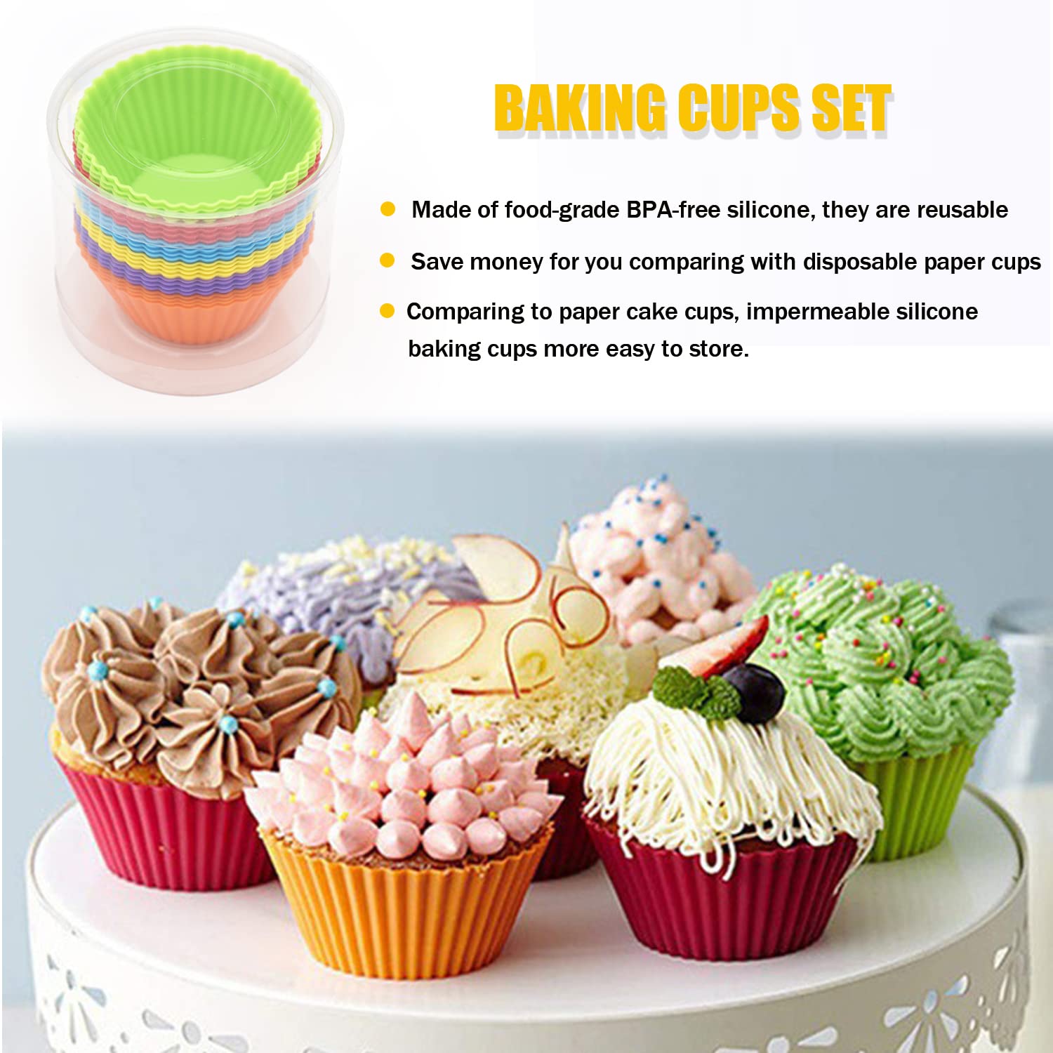 Silicone Cupcake Baking Cups 24 Pack, Reusable & Non-Stick Muffin Cupcake Liners Holders Set For Party Halloween Christmas, Easy