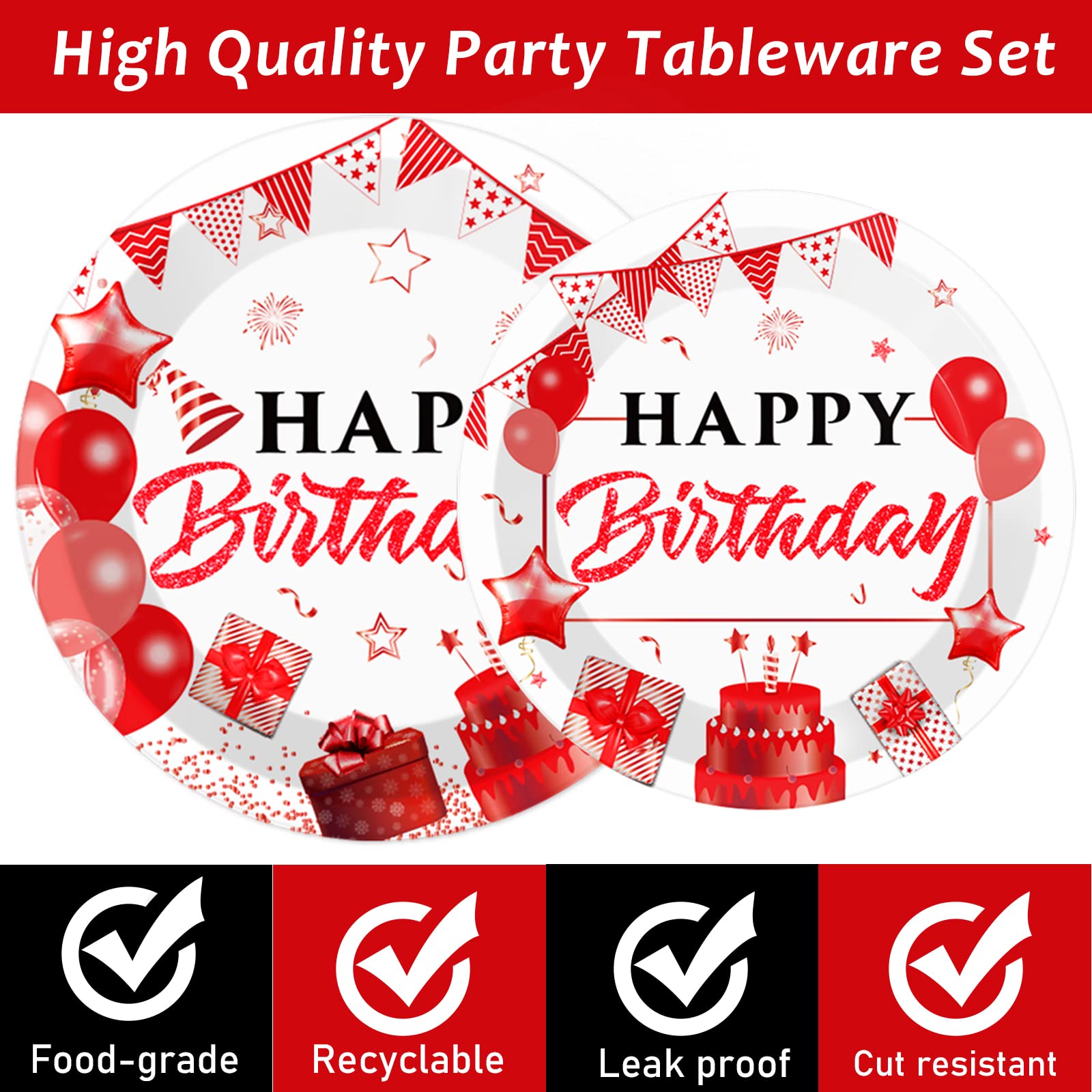 Red Gold and White Birthday Plates Napkins Forks Plates Birthday Party Tableware Set Confetti Sprinkles Happy Birthday Party Decorations Red Birthday Plates Table Decors for Men Women for 24 Guests
