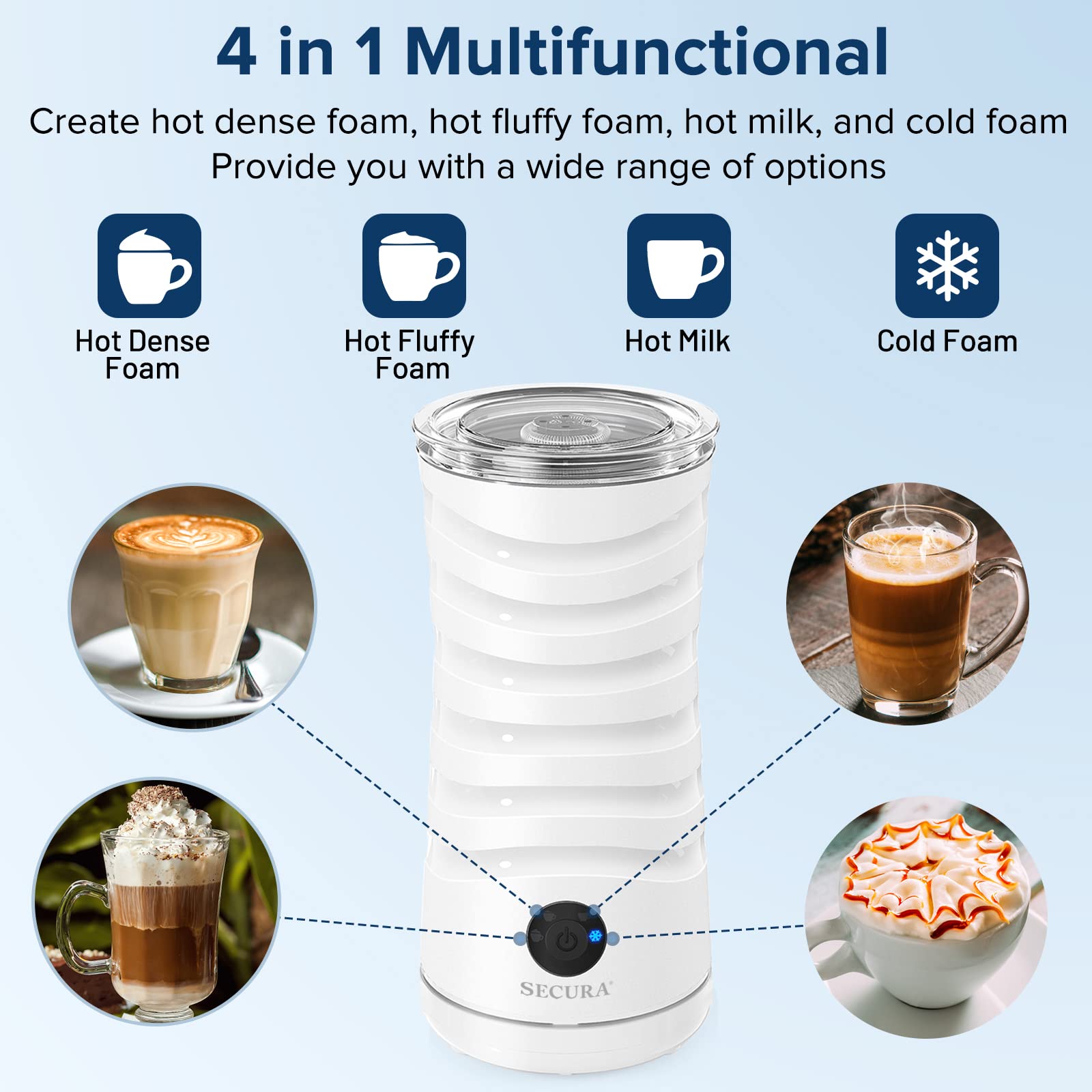 Secura Electric Milk Frother, Automatic Milk Steamer, 4-In-1 Hot & Cold Foam Maker-8.4Oz/240Ml Milk Warmer For Latte, Cappuccino