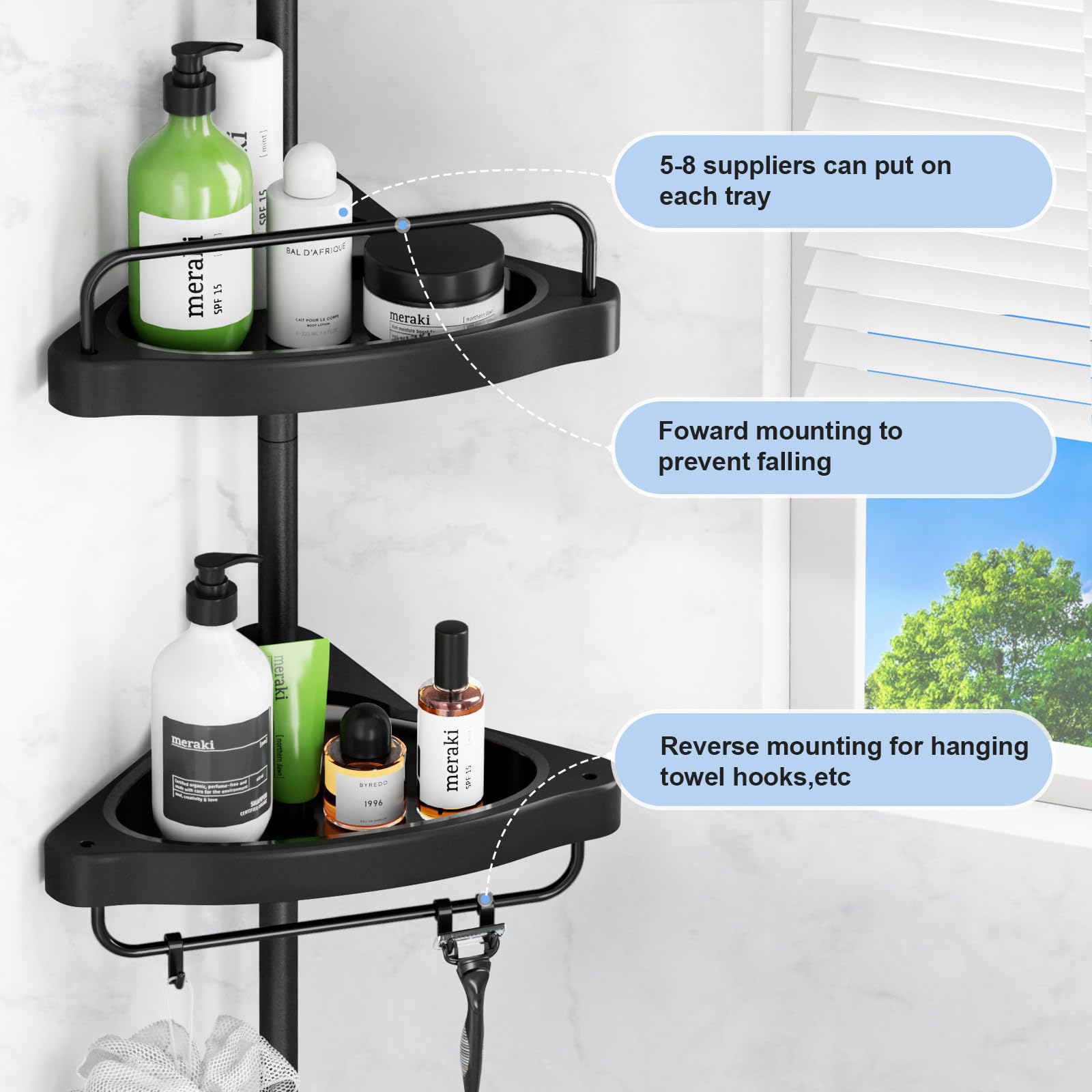Hamitor Corner Shower Caddy Tension Pole: 4 Tier Shampoo Storage Organizer For Inside Shower - Telescoping Rod Shower Rack For B