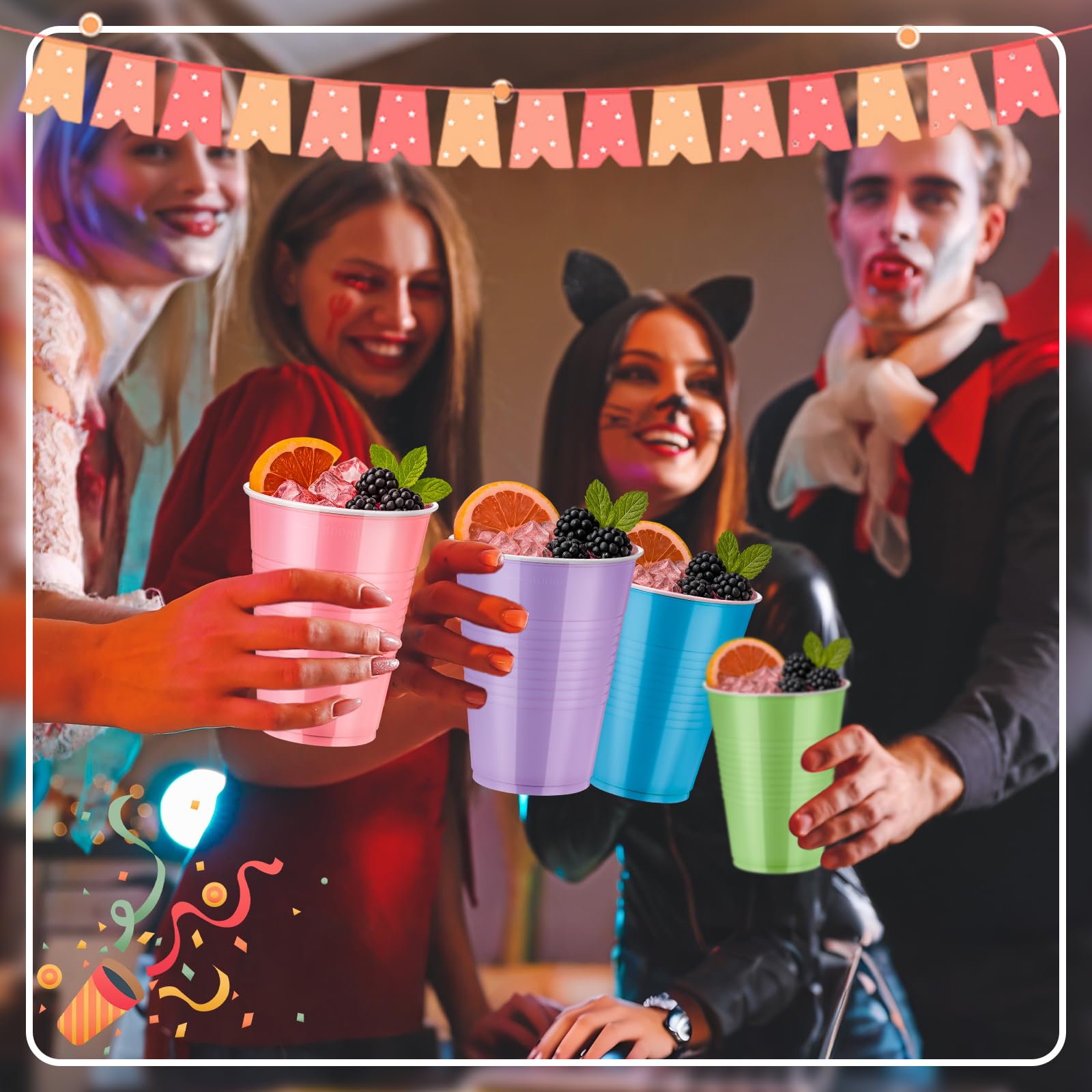 Afarnook 150 Pcs 16oz Plastic Cups Bulk Multiple Colors Disposable Cups Supplies for Birthday Wedding Graduation Halloween Thank