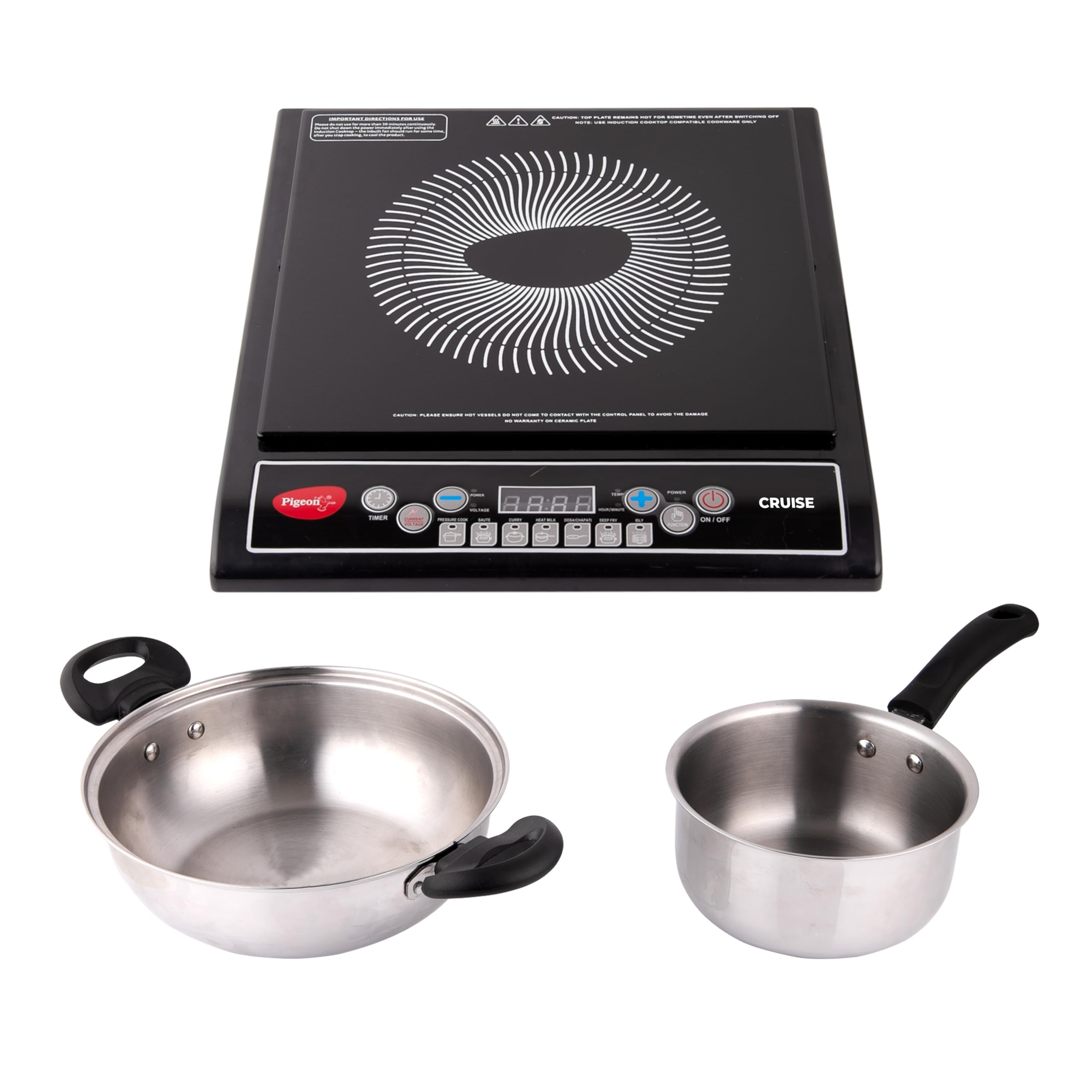 Pigeon By Stovekraft Cruise 1800W Induction Cooktop + Ss Kadai + Ss Saucepan Kitchen Combo | Crystal Glass | Push Button | Auto 