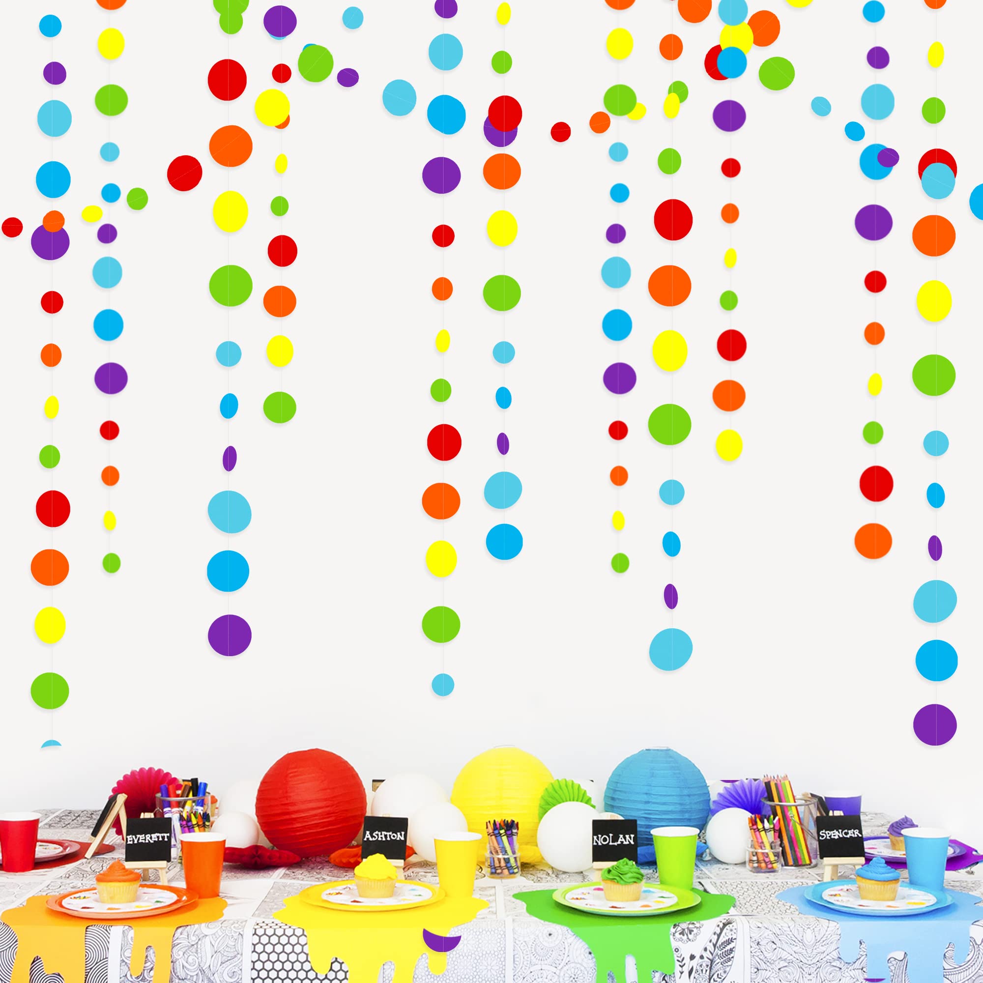 46Ft Rainbow Garland Colorful Circle Dots Hanging Paper Streamer Backdrop Multi Color Polka Dot Banner For Birthday Bachelorette