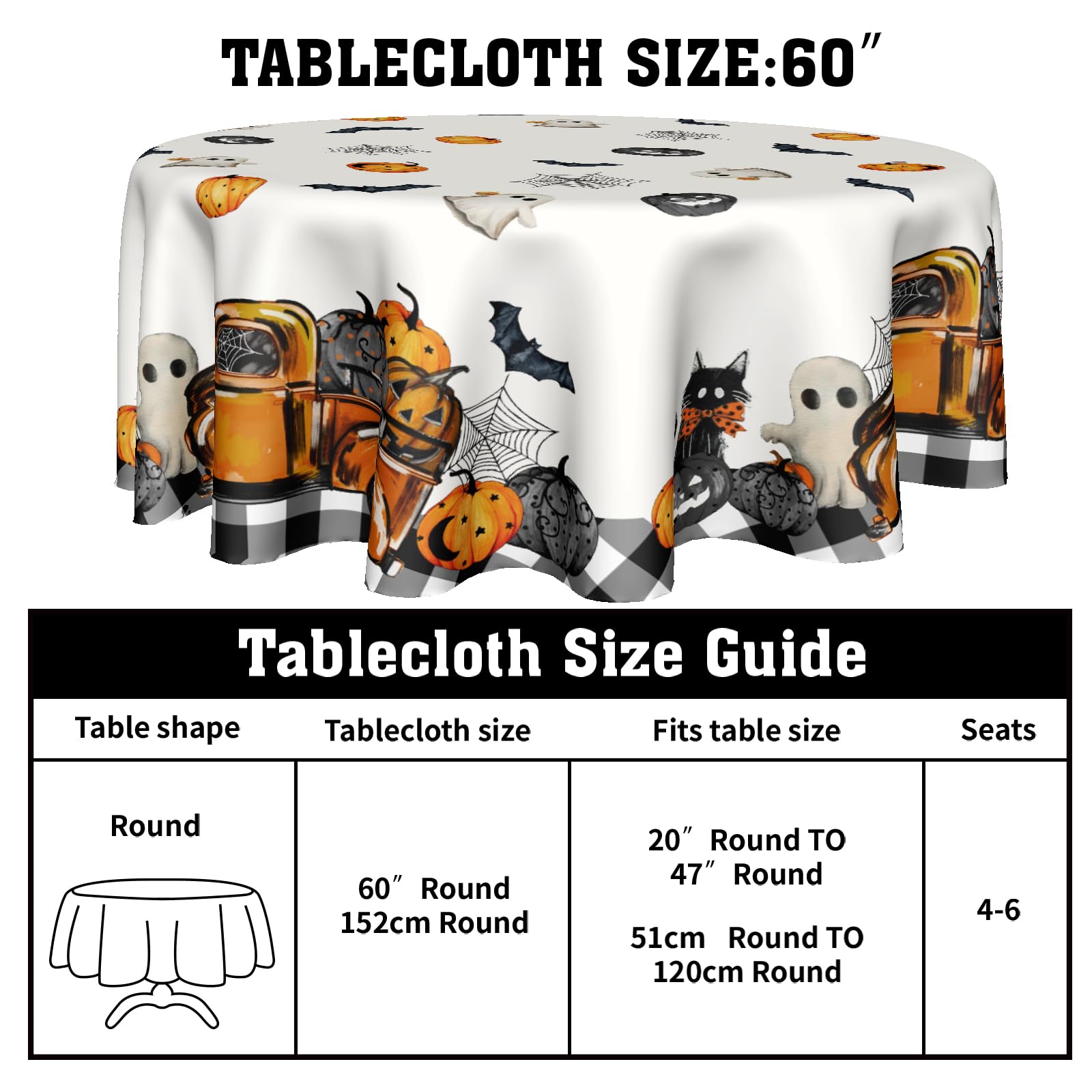 Kawani Halloween Tablecloths Round Halloween Truck Table Cloths 60 Inch Halloween Pumpkins Table Cloth Ghost Theme Spooky Tablec