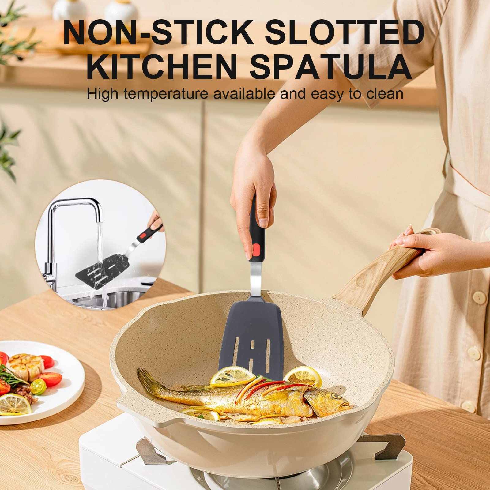 4Pcs Flexible Silicone Spatula Turner Set And Kitchen Food Tongs With Silicone Tips, 600F Heat Resistant, Ideal For Flipping Egg