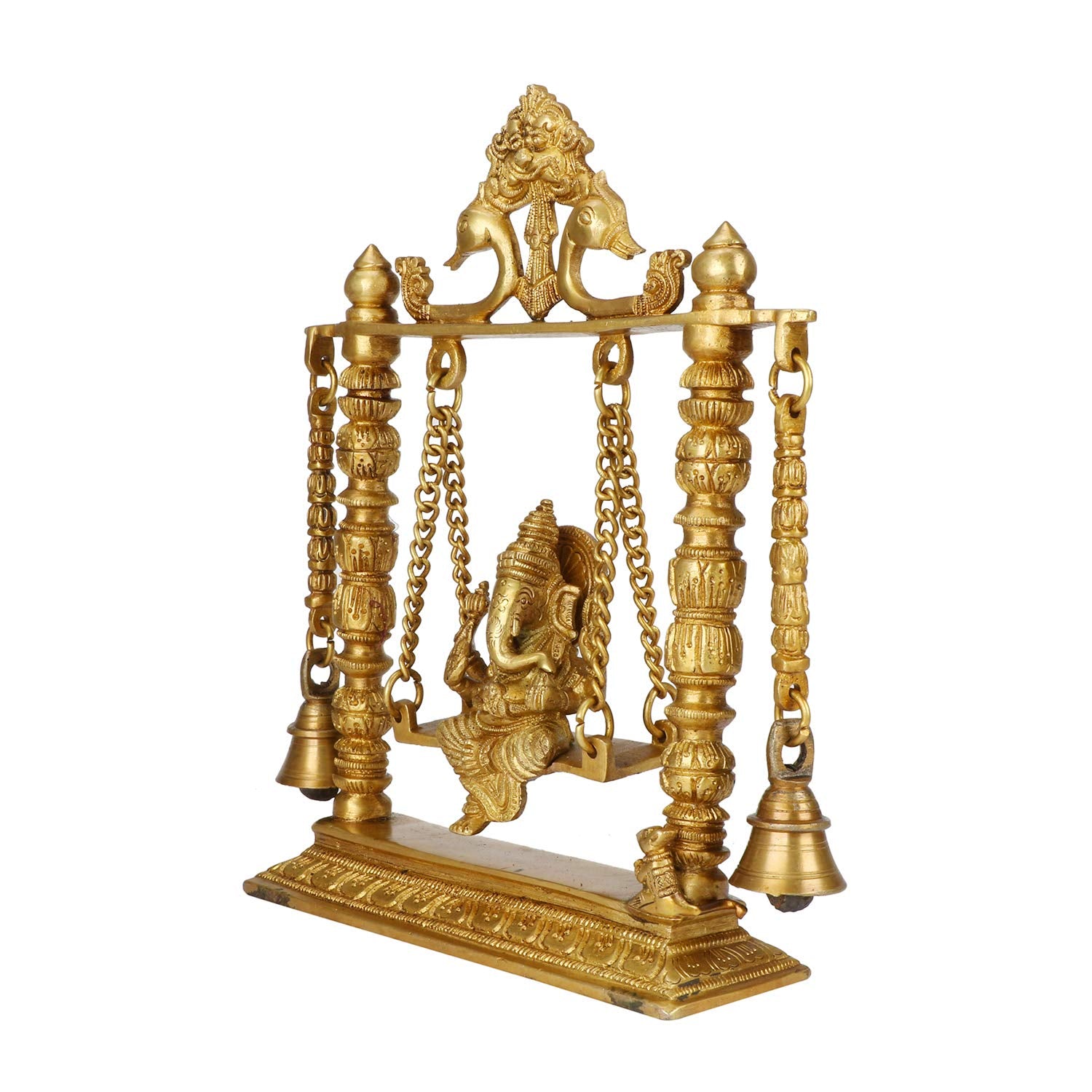 Kartique Brass Ganesh Jhula Idol on Swing - 10 Height, Antique Finish, Ideal for Home Decor, Puja, and Gifting