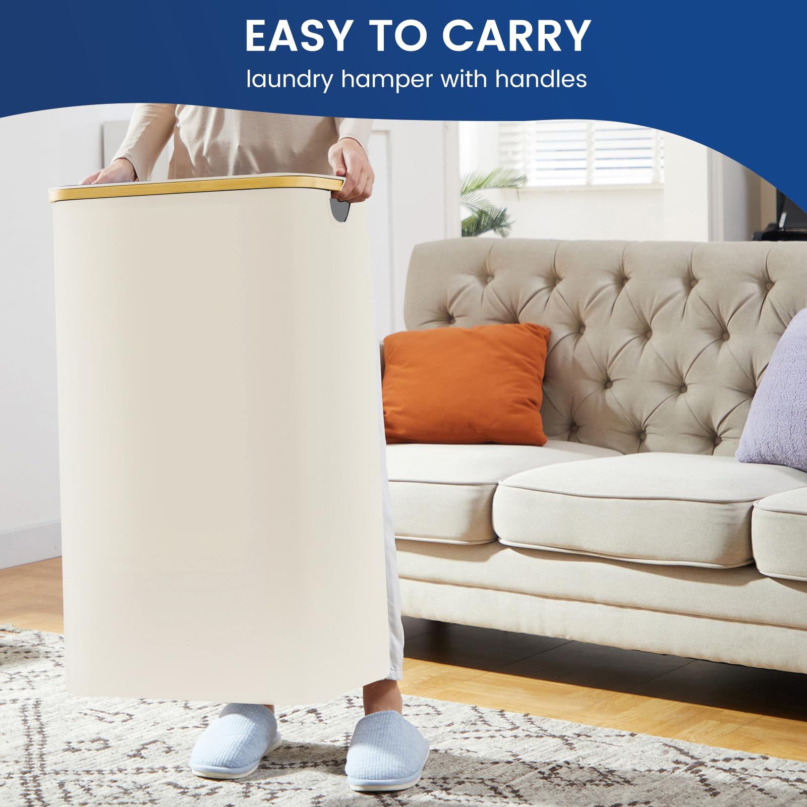 Laundry Hamper With Lid, 100L Tall Laundry Basket With Bamboo Handles Dirty Clothes Hamper With Inner Bag For Bedroom And Bathro
