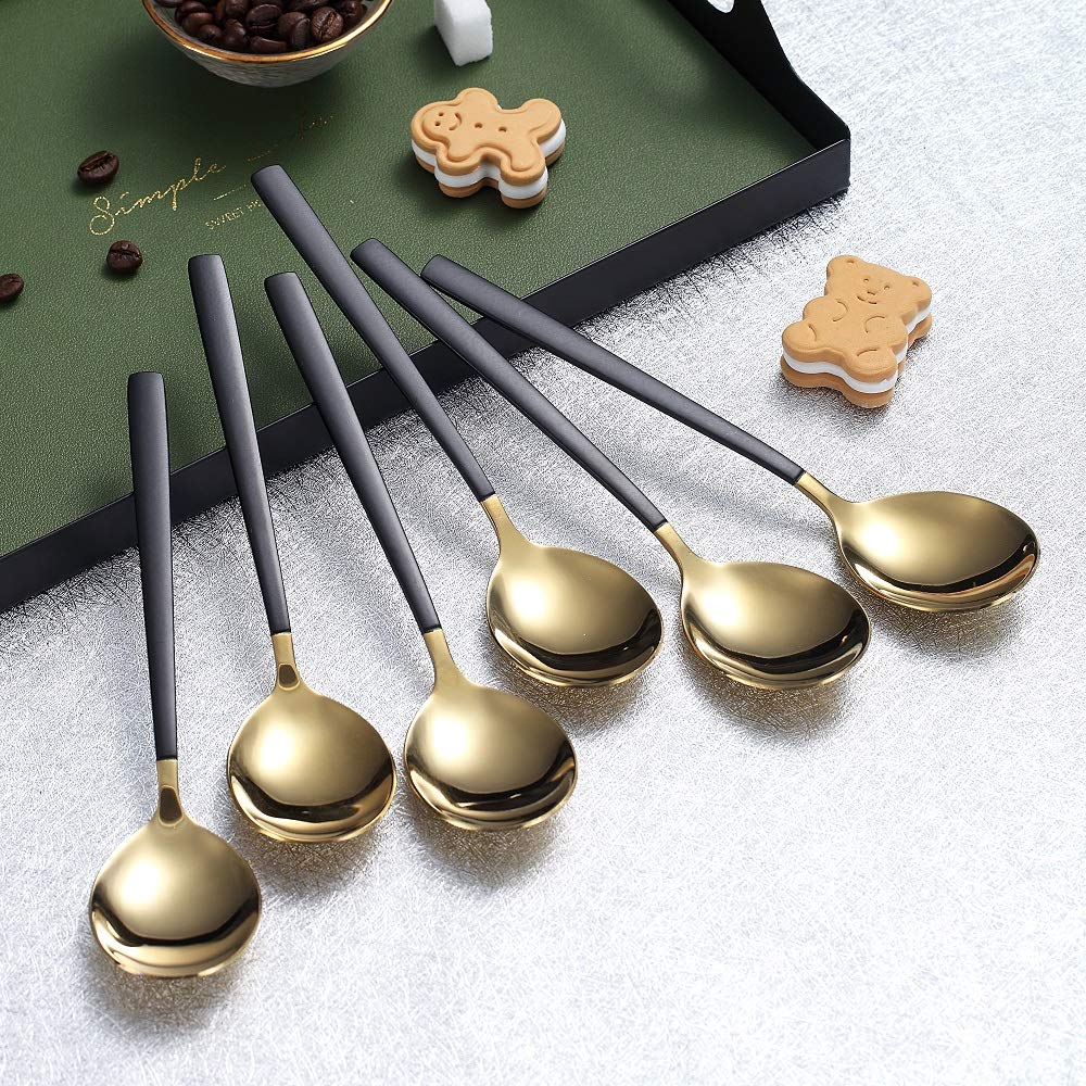 Teaspoons 6 Pieces Black And Gold Plating Coffee Spoons  Homquen 6.3'' Modern Design Stainless Steel Tea Spoons Set  Small Spoon Silver Dishwasher Safe