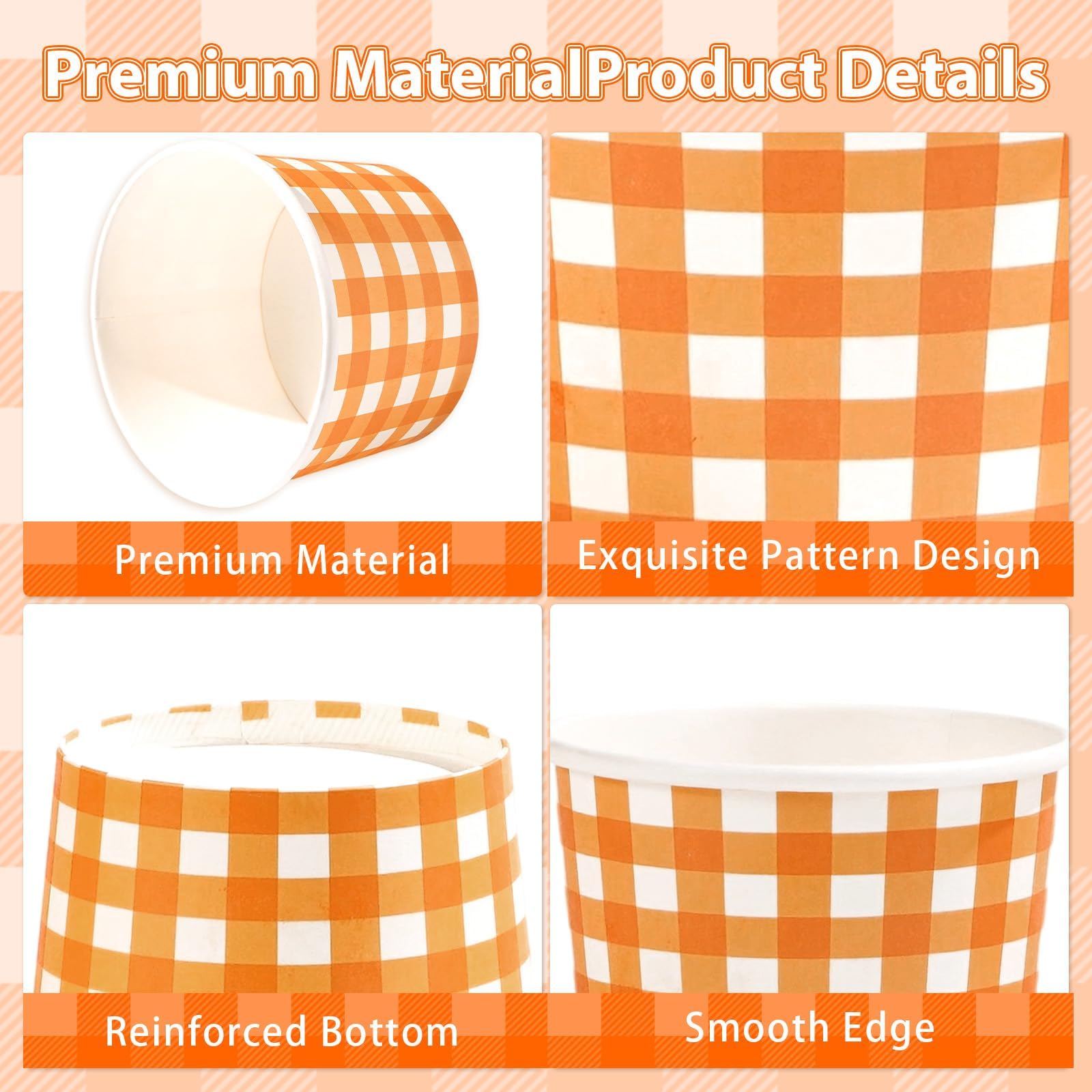 Grencian 120Pcs Fall Paper Bowls 12 oz Disposable Thanksgiving Ice Cream Bowls Fall Cups Soup Bowl Orange Gingham Polka Dot Snac