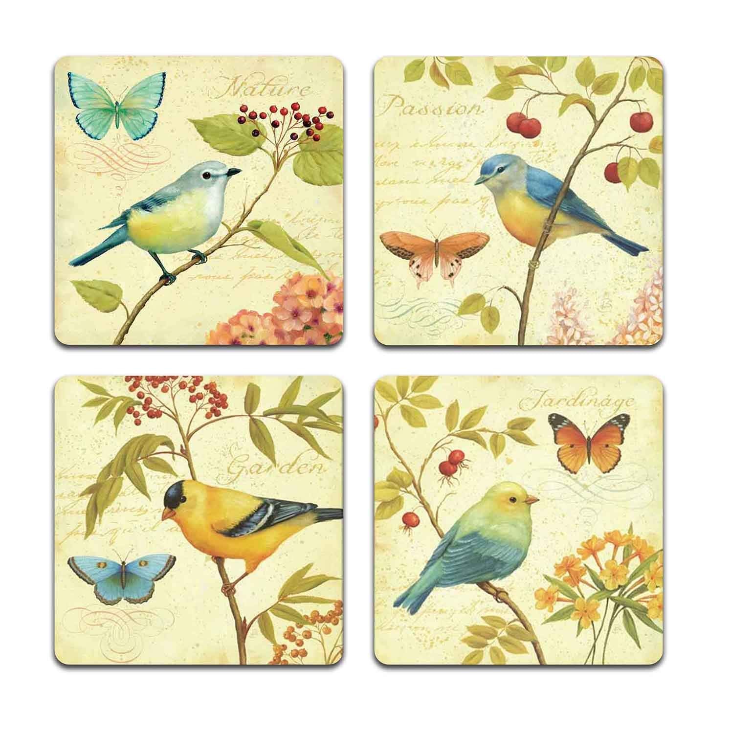 Bird And Butterfly Square Coaster Set - Made Of Recycled Rubber - Set Of 4