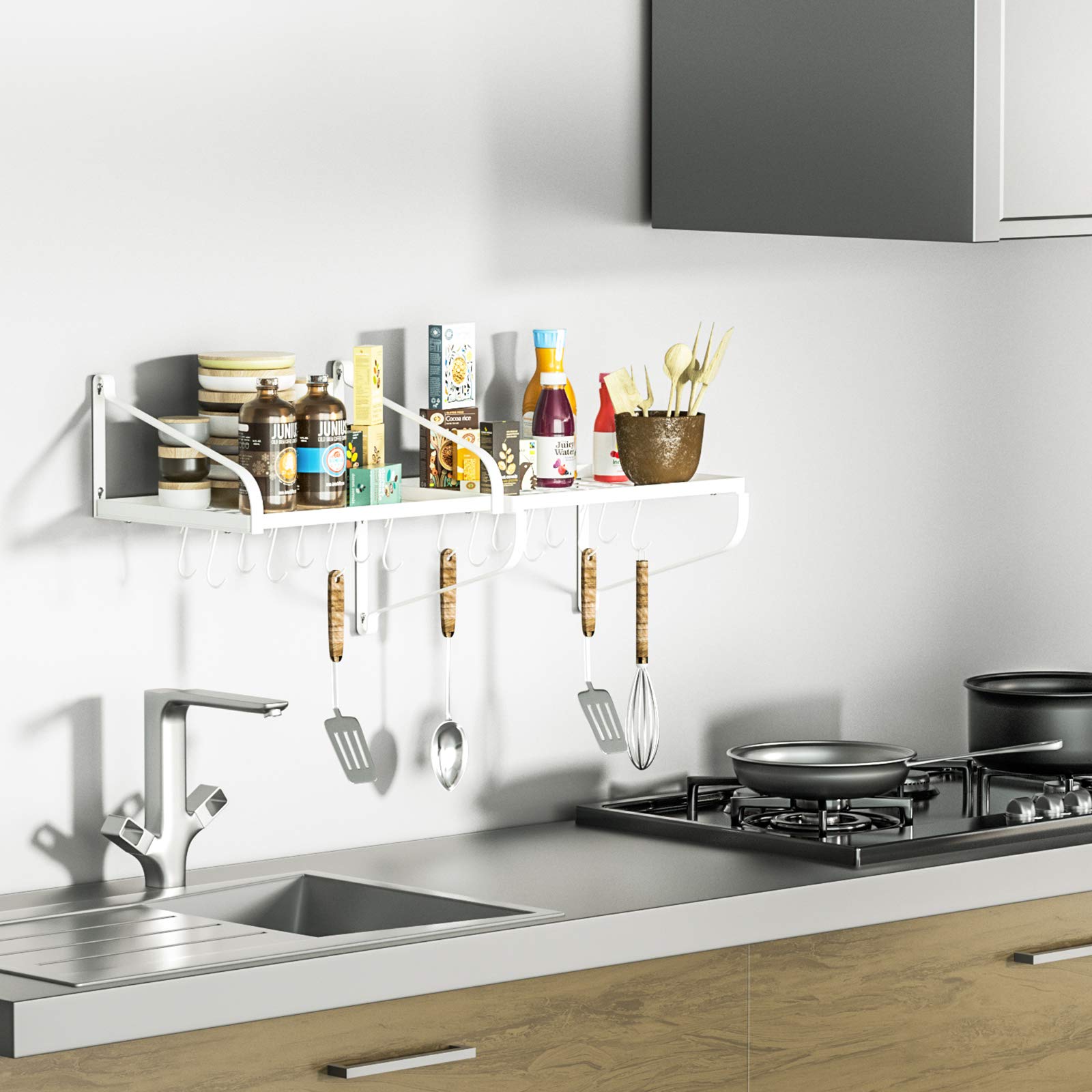 Love-Kankei Pot Rack Wall Mounted Set Of 2 Pan Pot Organizer Wall Shelves With 16 Hooks For Kitchen Cookware Utensils Organizati