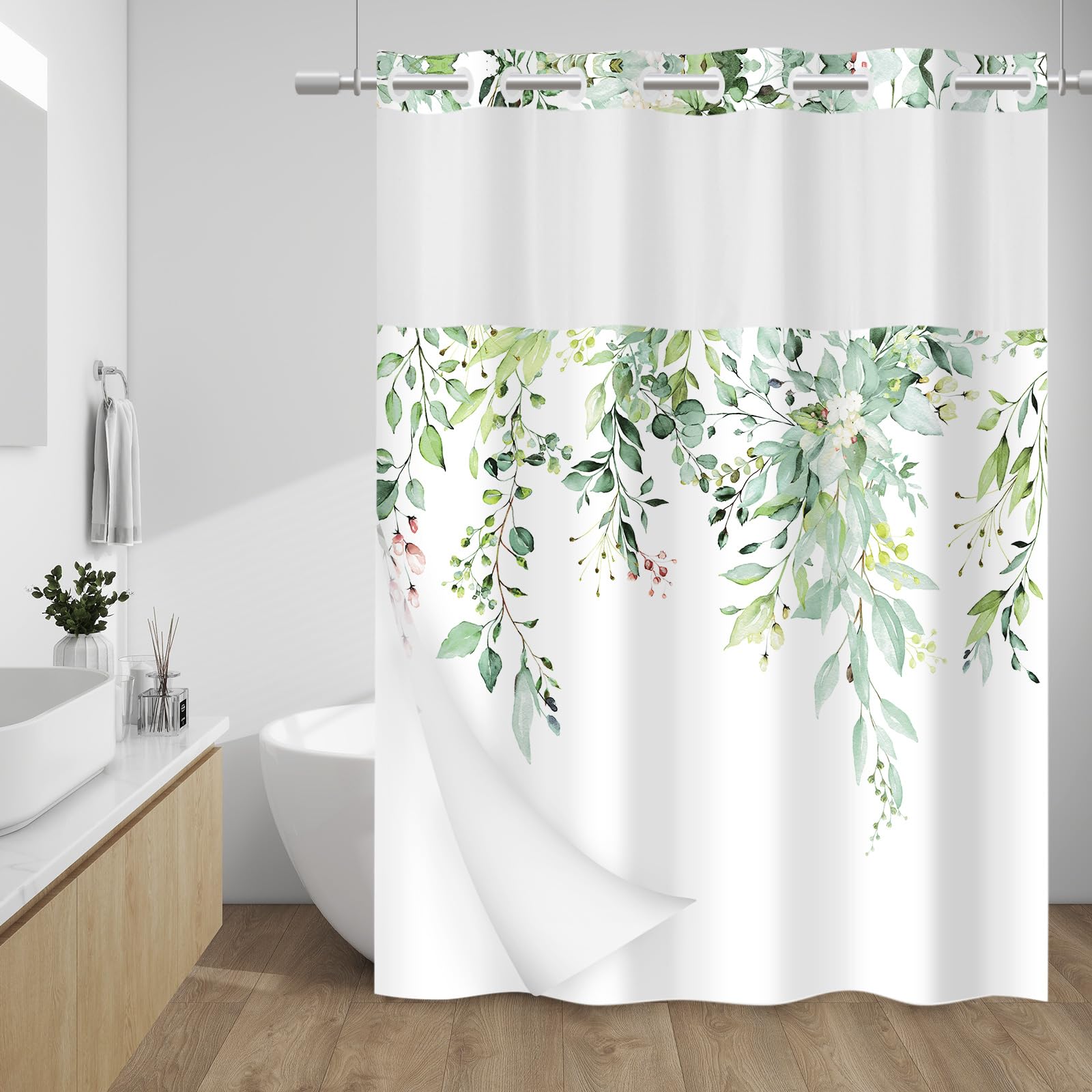 Withloc No Hook Shower Curtain With Snap In Liner - Eucalyptus Shower Curtain - Fabric Waterproof Inner Liner, Plants Sage Green