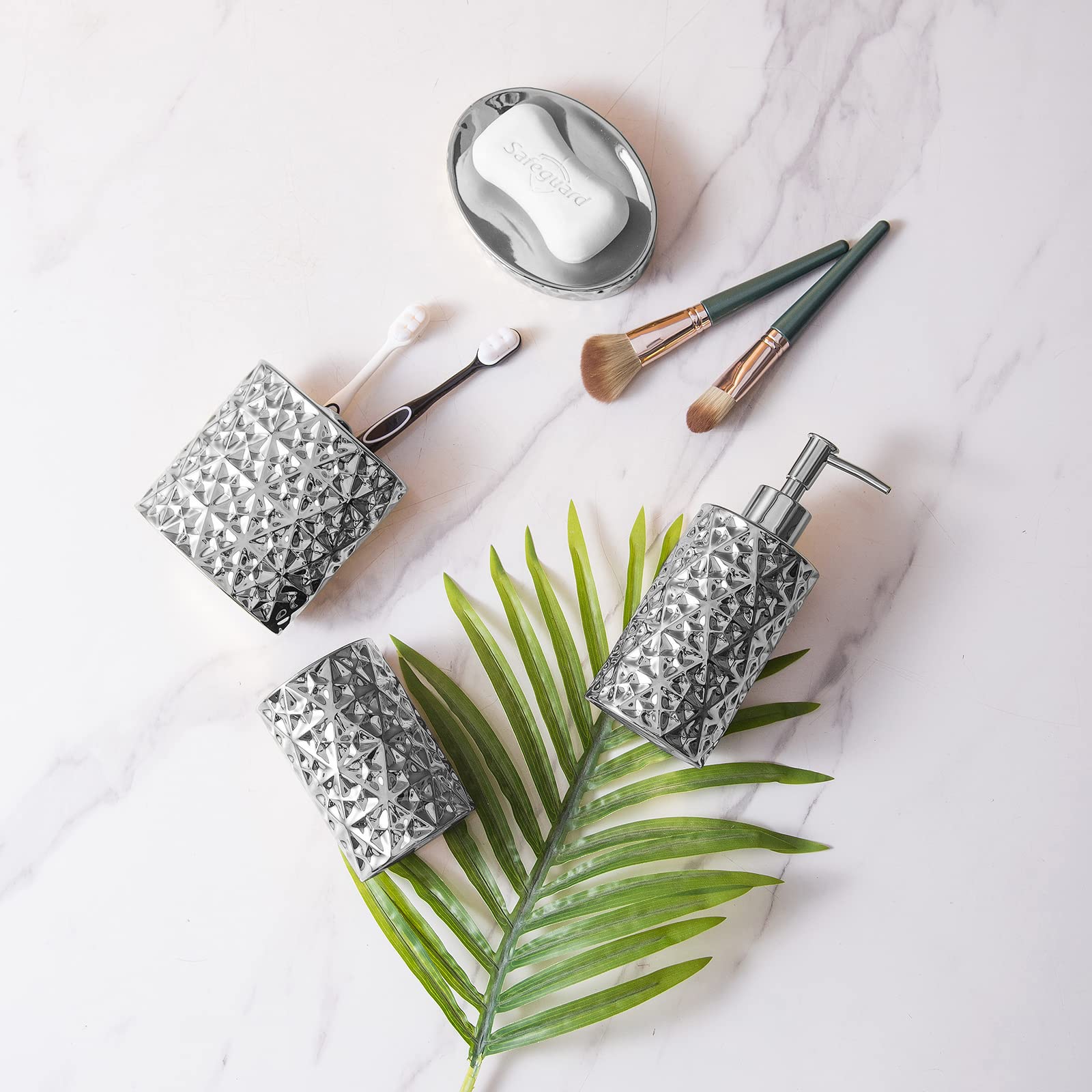 Silver Bathroom Accessories Set, 4 Piece Ceramic Bath Accessory Sets Complete, Diamond Soap Dispenser And Silver Toothbrush Hold