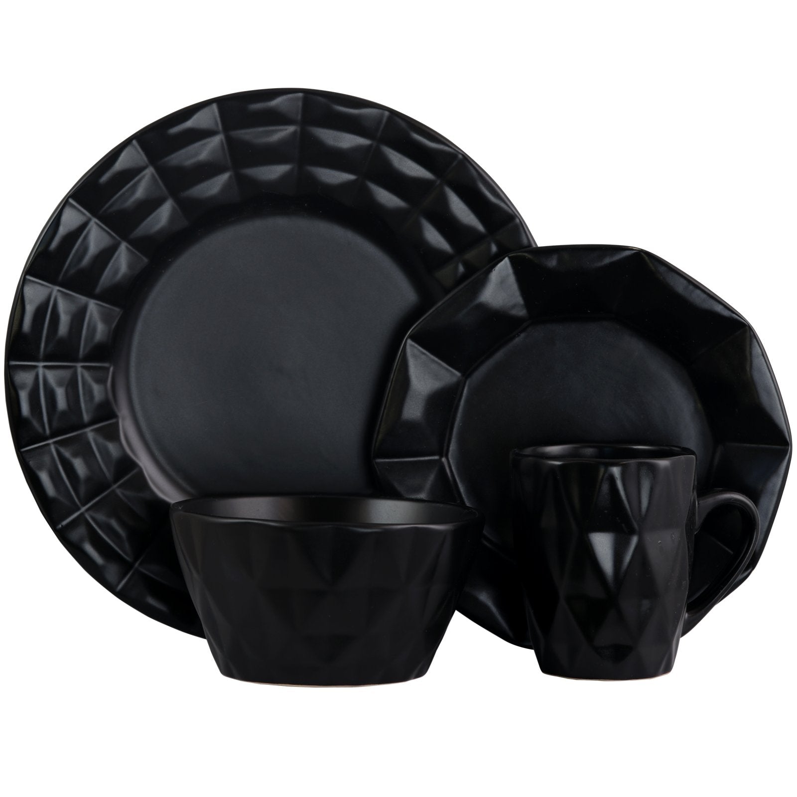 Elama Geometric Glazed Stoneware Diamond Cut Style Dinnerware Dish Set, 16 Piece, Black