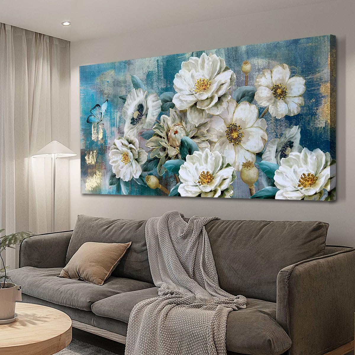 Arjun Flowers Canvas Wall Art White Elegant Modern Picture Gold Foil Rustic Painting Colorful Turquoise Floral  Extra Large Teal Artwork for Living Room Bedroom Dining Room Home Office Decor 60''x30''