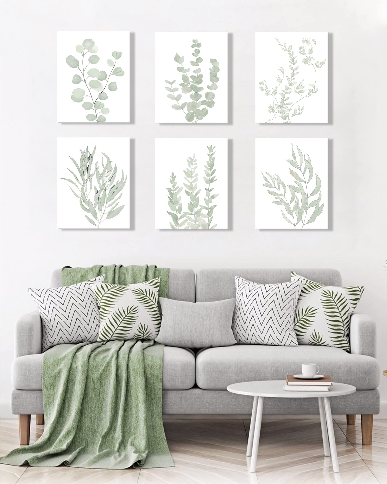 Botanical Eucalyptus Canvas FRAMED Wall Art | Boho Plant Wall Decor for Bedroom | Minimalist Prints for Living Room | Light Green Botanical Art Painting for Bathroom | Eucalyptus Leaf Picture | Set of 6 | 8