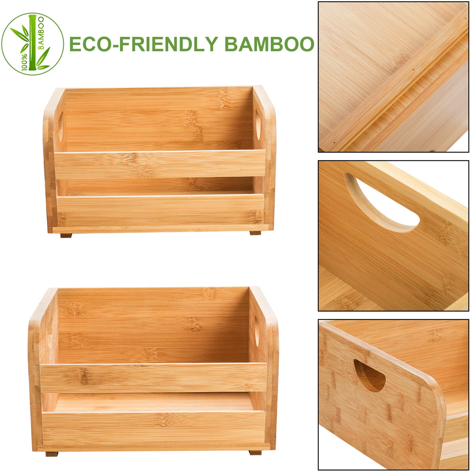 DEAYOU Bamboo Storage Bins - 2 Pack Natural Serving Baskets with Handles, Brown, Model DE-BambooStorageBin-Stack-2P
