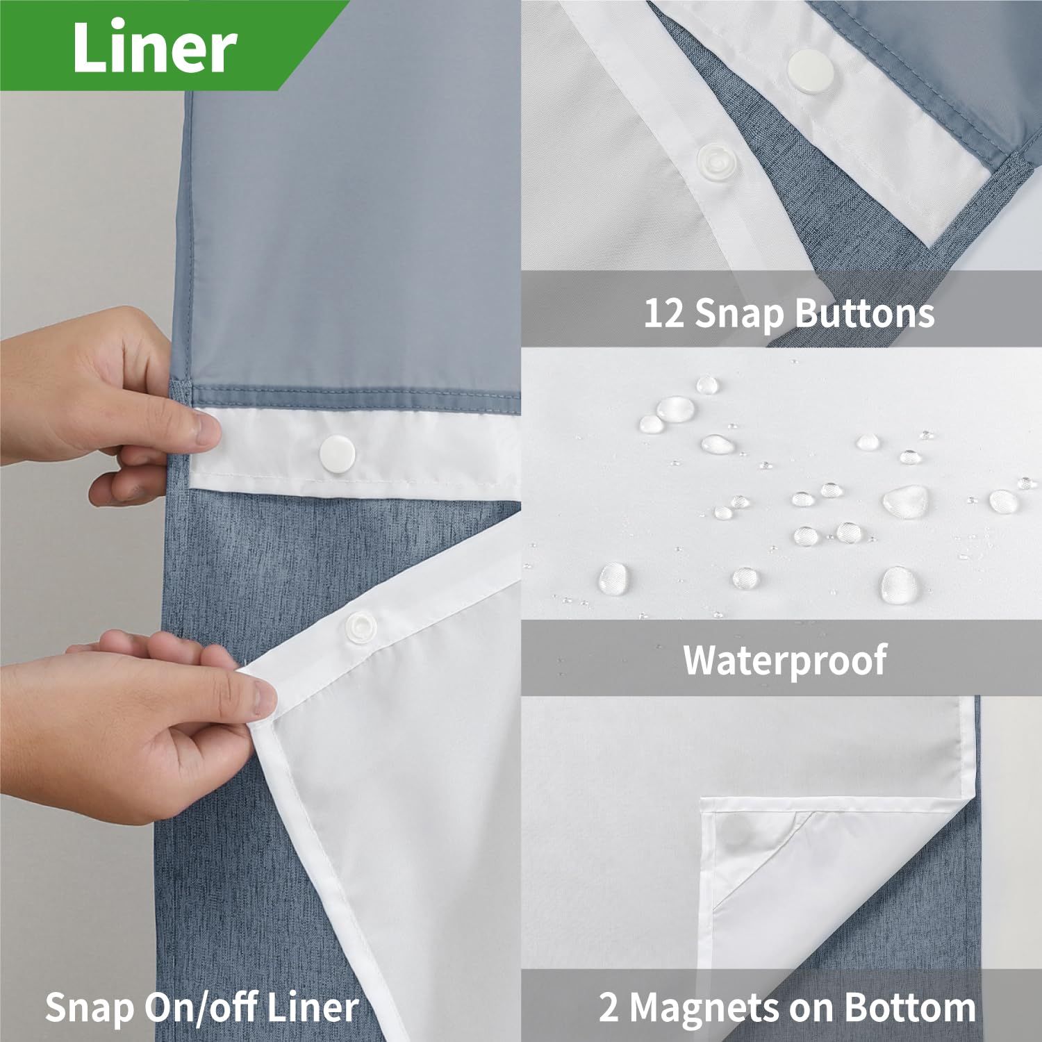 Eachope No Hooks Needed Linen Textured Shower Curtain With Snap-In Fabric Liner Set,Blue Grey Hotel Luxury Decor Shower Curtains