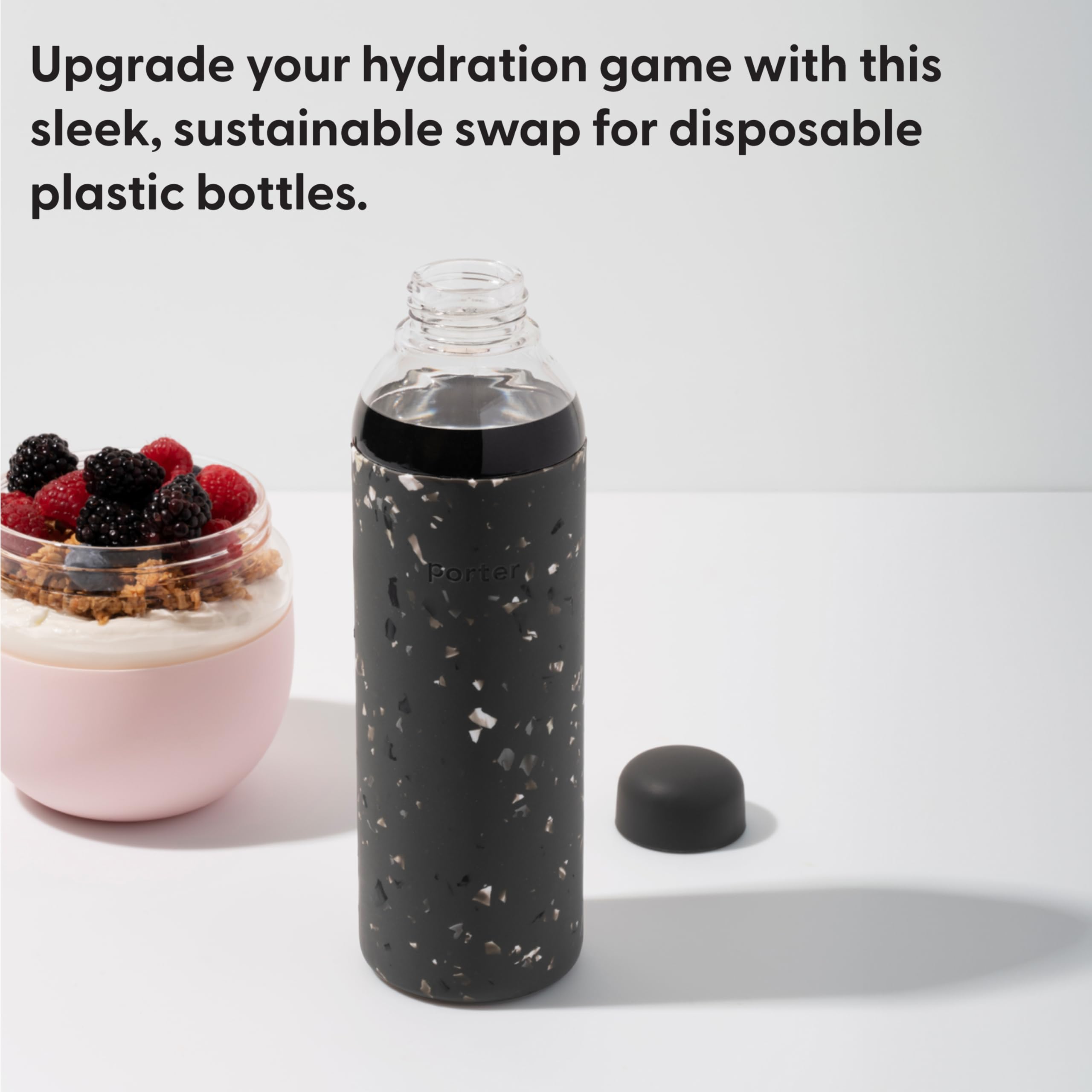 W&P Porter Glass Water Bottle 20 oz - Terrazzo Charcoal Silicone Sleeve, Reusable for Coffee, Tea, and Water