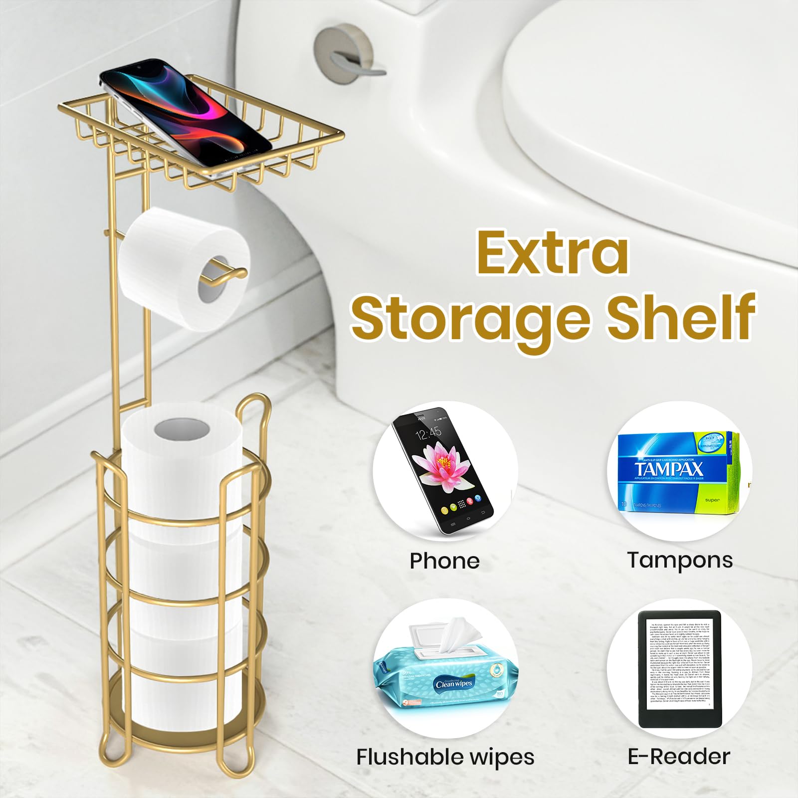 Gold Toilet Paper Holder Stand With Shelf, Freestanding Tissue Roll Holder, Holds 4 Mega Rolls And Extra Storage For Phone, Wipe