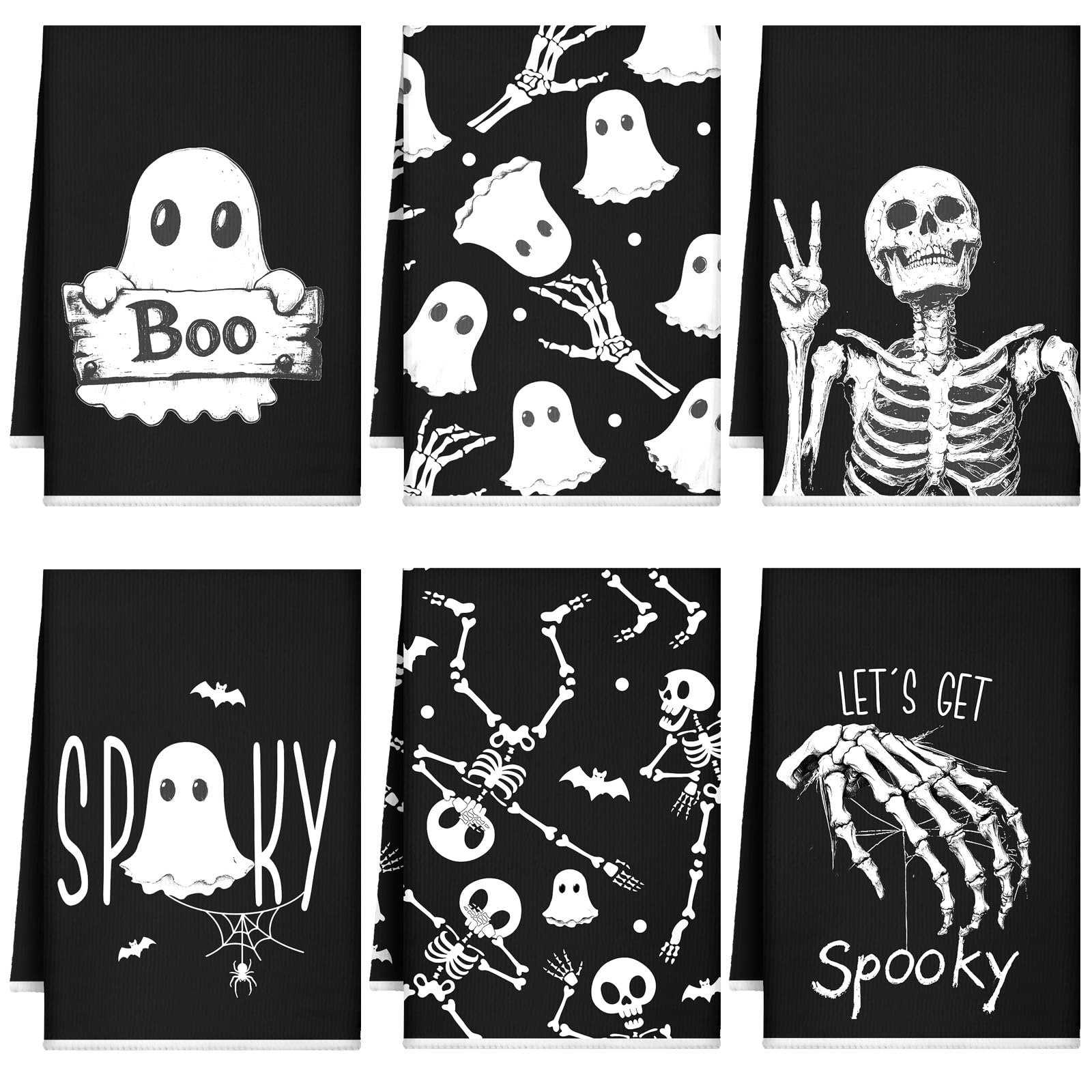 Bencailor 6 Pcs Spooky Christmas Kitchen Towels Skull Ghost Boo Gothic Christmas Dish Hand Towels Skeleton Tea Washcloth for Hor