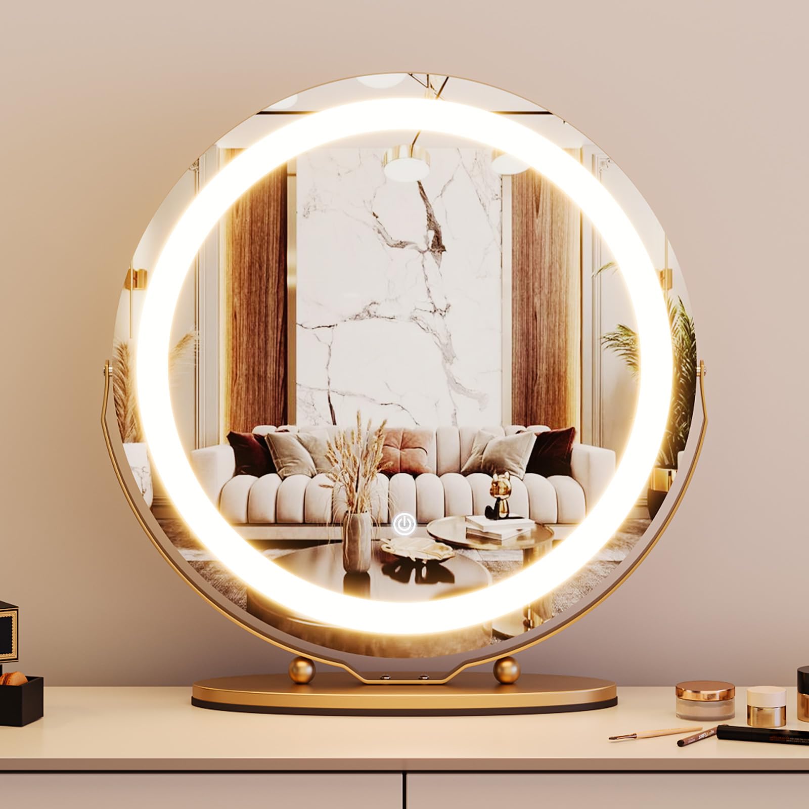 Garveehome 19 Inch Vanity Mirror With Lights, Round Large Led Vanity Mirror With Smart Touch 3 Colors Dimmable, Touch Lighting,