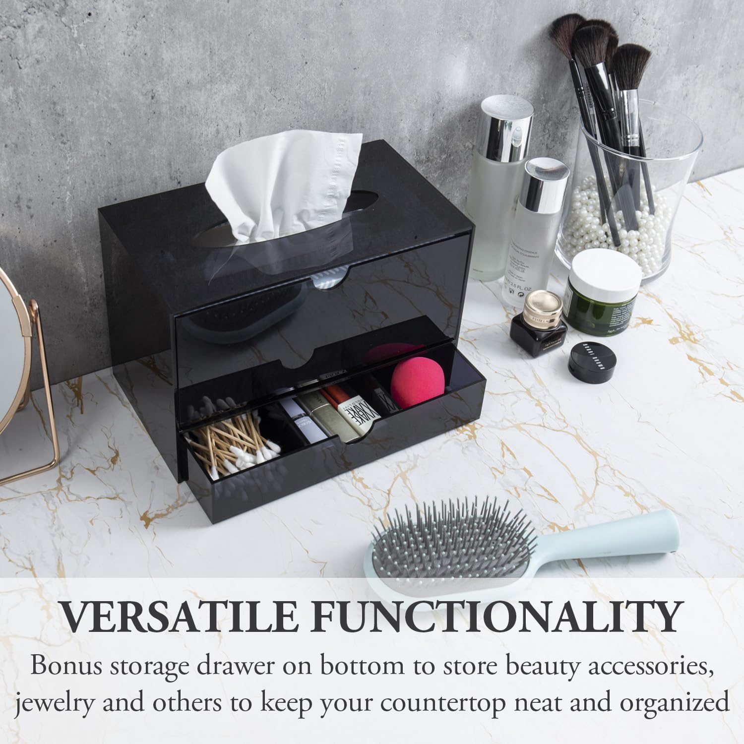 Mygift Premium Black Acrylic Cosmetic Organizer Caddy And Tissue Box Cover With Pull Out Makeup Storage Drawer - Countertop Bath