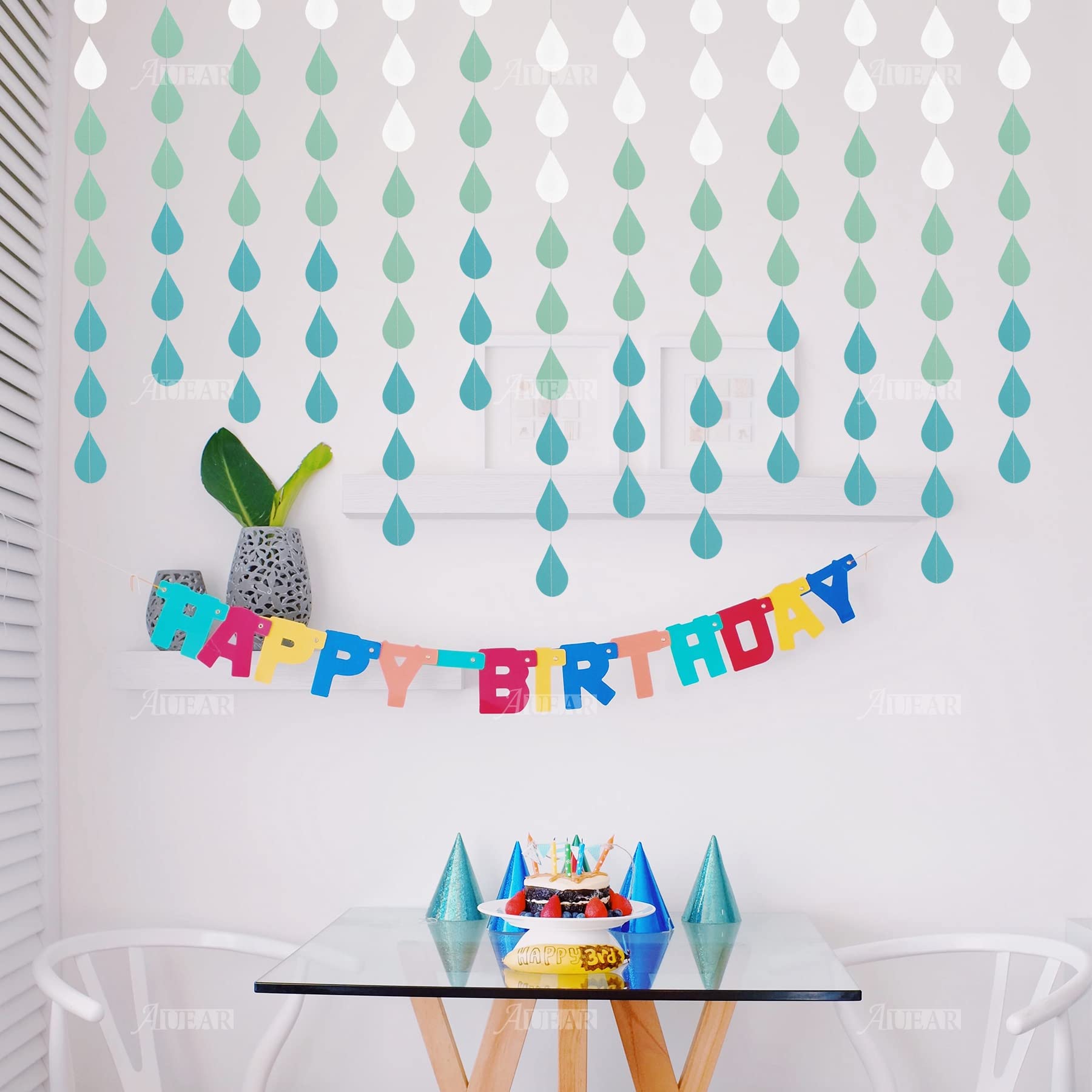 Auear, Raindrop Garland Blue Paper Hanging For Decor (36 Pack)