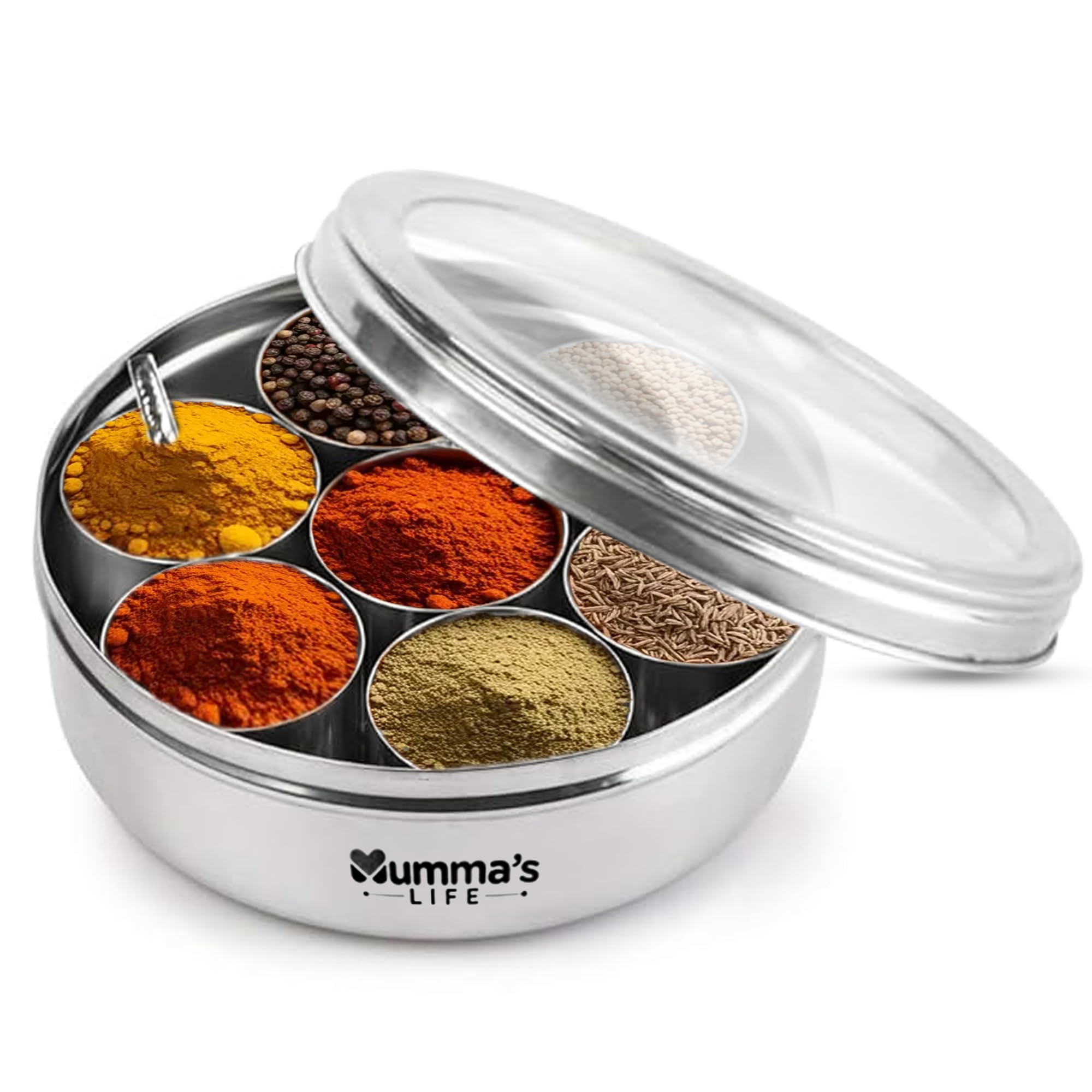 MummaS Life Masala Box | Masala Box Steel Alongwith 7 Bowls And 1 Small Spoon | Ring Shape Dabba, Spice Box Organiser | 1 Piece