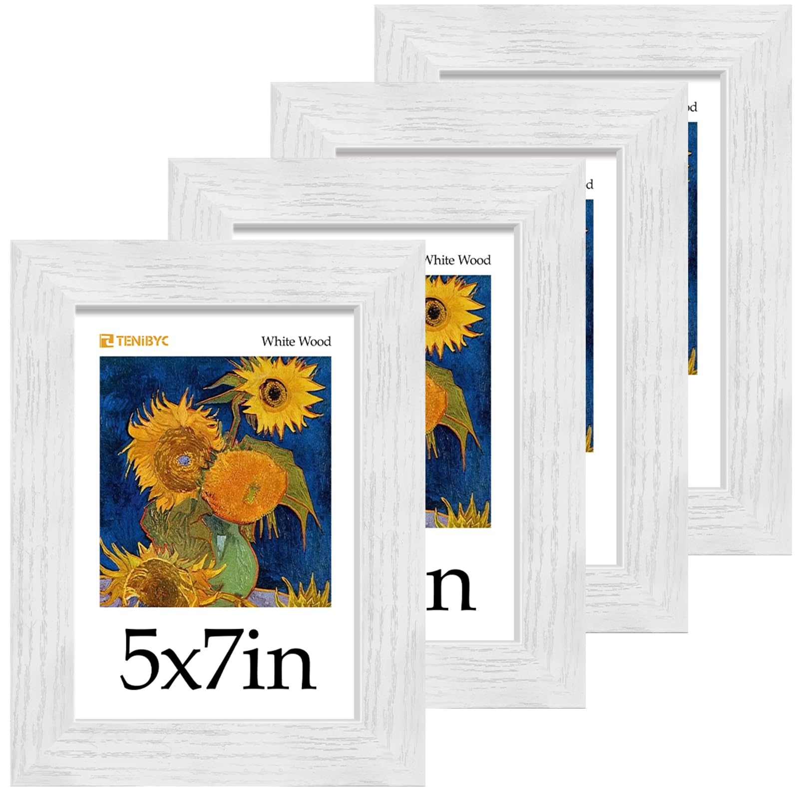 TENIBYC 5x7 Picture Frame Set of 4 - White, Wood Photo Frame, HD Tempered Glass, Table Display or Wall Hanging, Gift for Friend