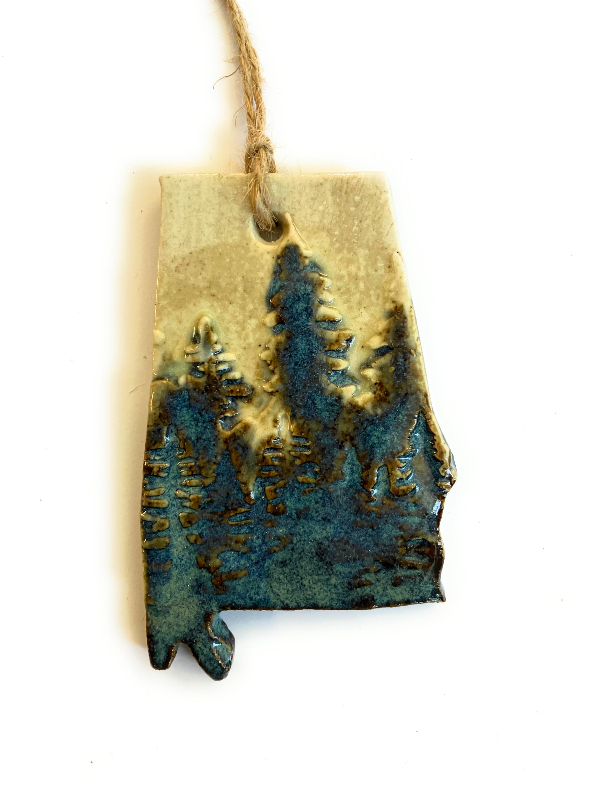 Ceramic State Rustic Forest, Trees, and Mountain Ornament - Distressed Christmas and Holiday Ornaments- Handmade and Hand Rolled