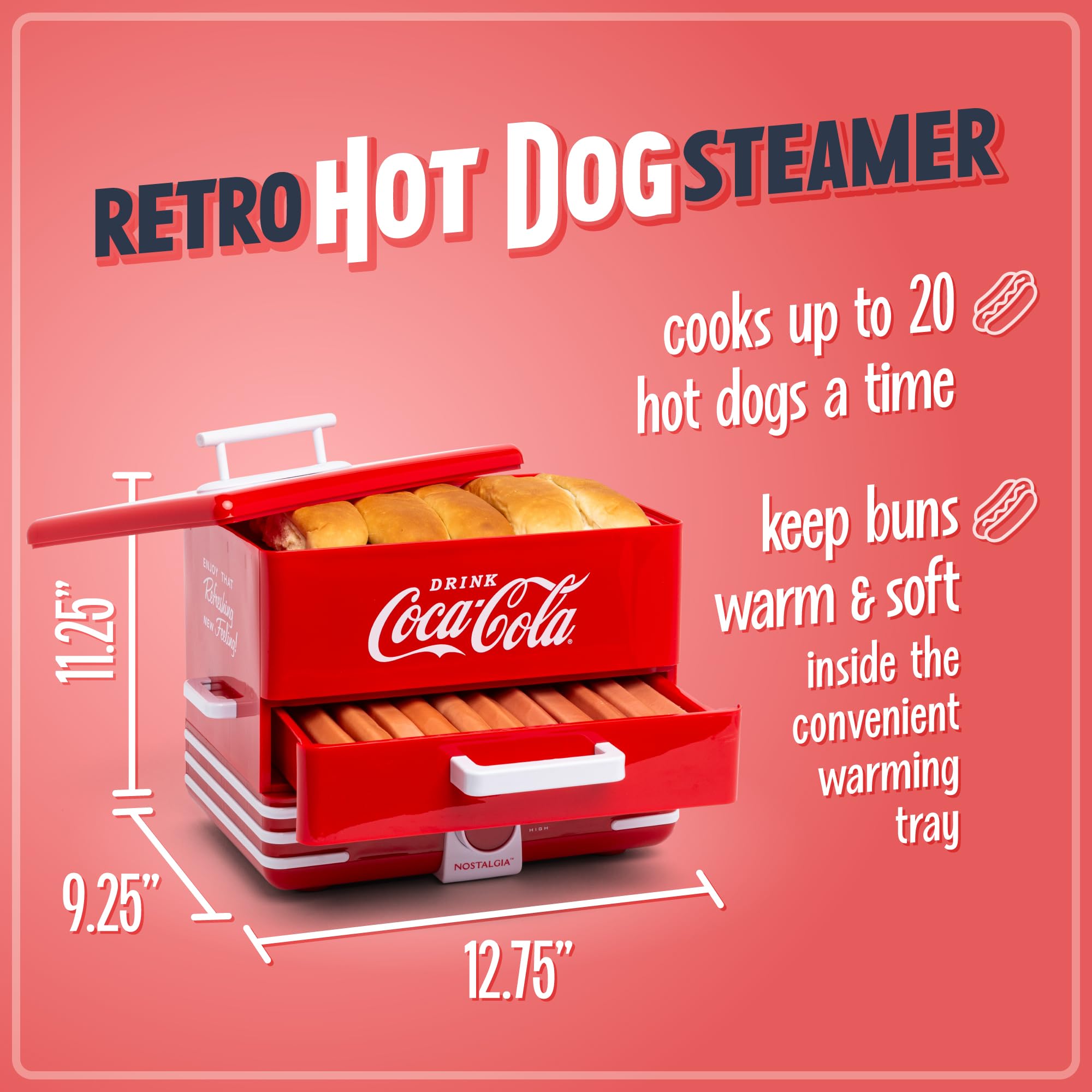 Nostalgia Coca-Cola Hot Dog Steamer & Bun Warmer, 24 Hot Dog & 12 Bun Capacity, Red Plastic, Model: Coca Cola