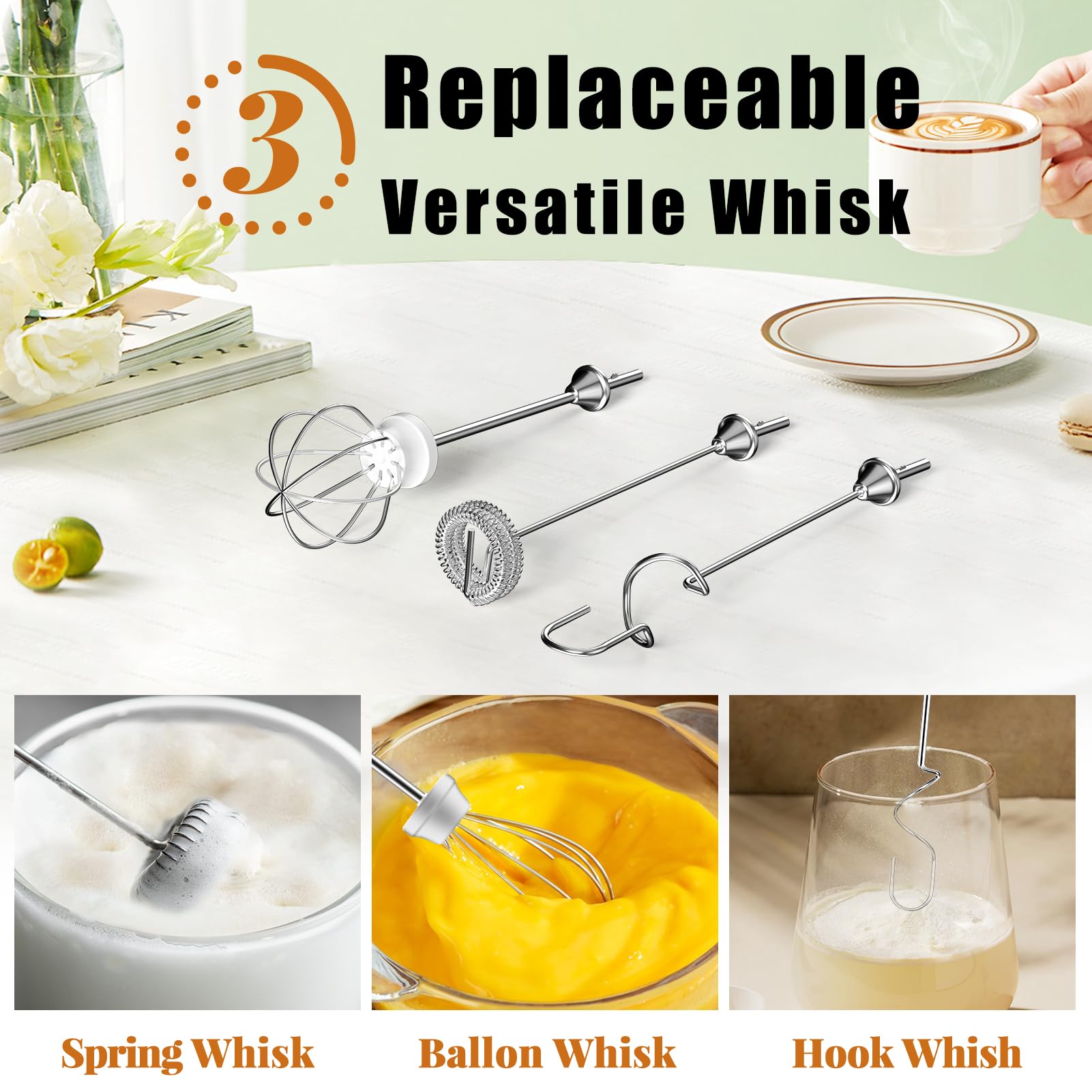 Nahida Orange Milk Frother Wand For Coffee, Frother Handheld Rechargeable Electric Whisk With 3 Heads 3 Speeds Drink Mixer Coffe
