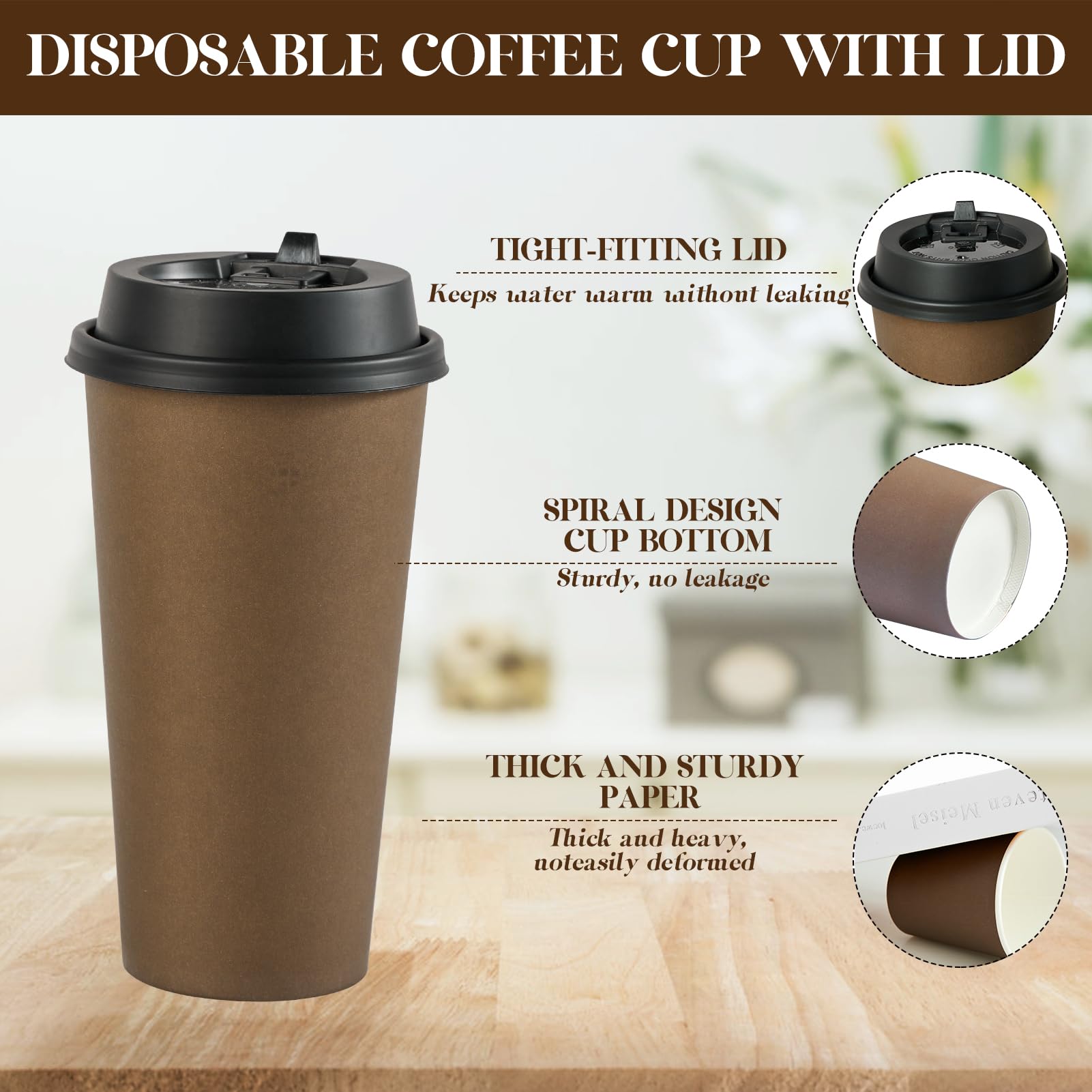 LITOPAK 100 Pack 20 oz Paper Coffee Cups  Brown Disposable Coffee Cups with Lids  Drinking Cups for Cold/Hot Coffee  Water  Juice  or Tea  Hot Paper Coffee Cups for Home  Restaurant  Store and Cafe.